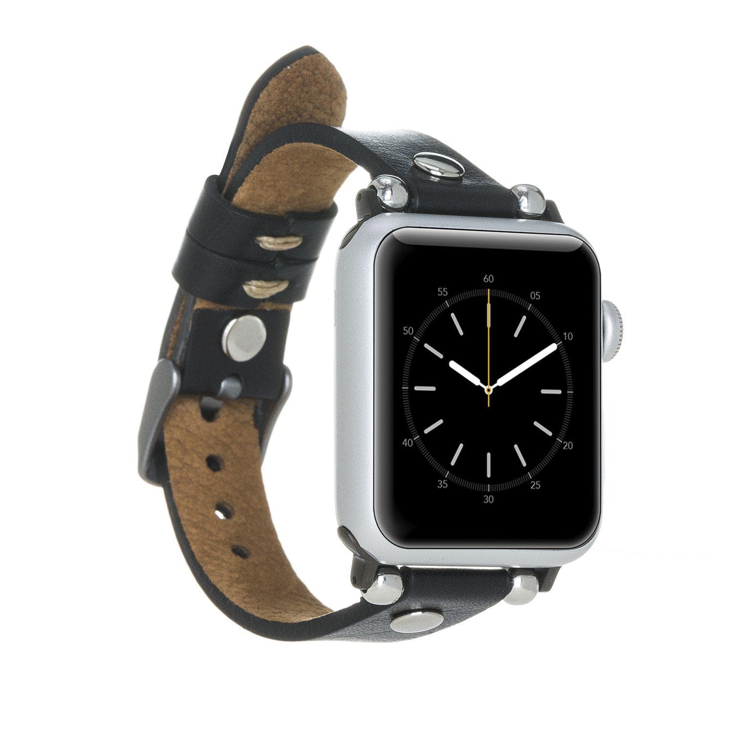 Clitheroe Ferro Apple Watch Leather Strap in premium full-grain leather with stainless steel buckle, showcasing personalization options.