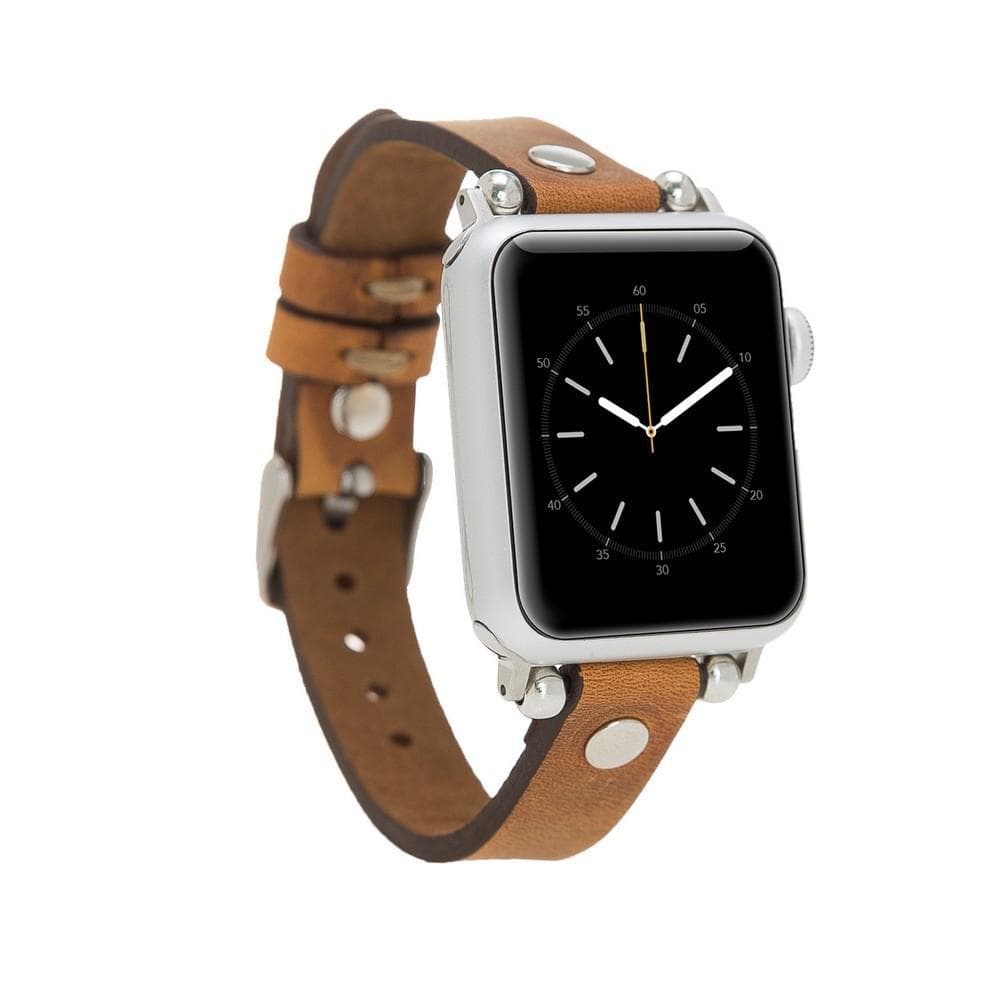 Clitheroe Ferro Apple Watch Leather Strap in premium full-grain leather with stainless steel buckle, showcasing personalization options.