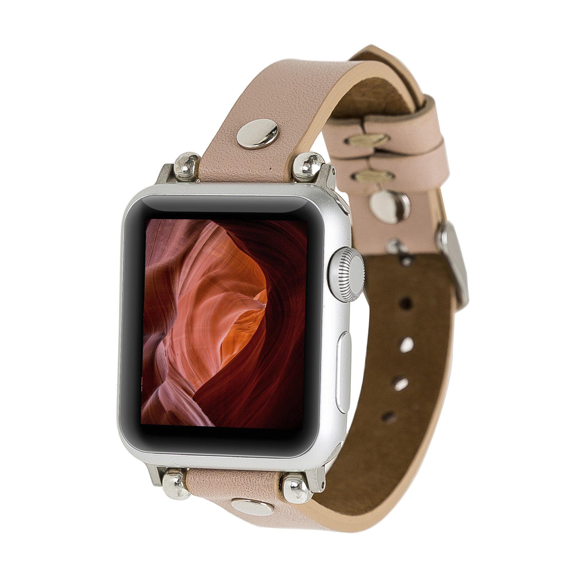 Clitheroe Ferro Apple Watch Leather Strap in premium full-grain leather with stainless steel buckle, showcasing personalization options.