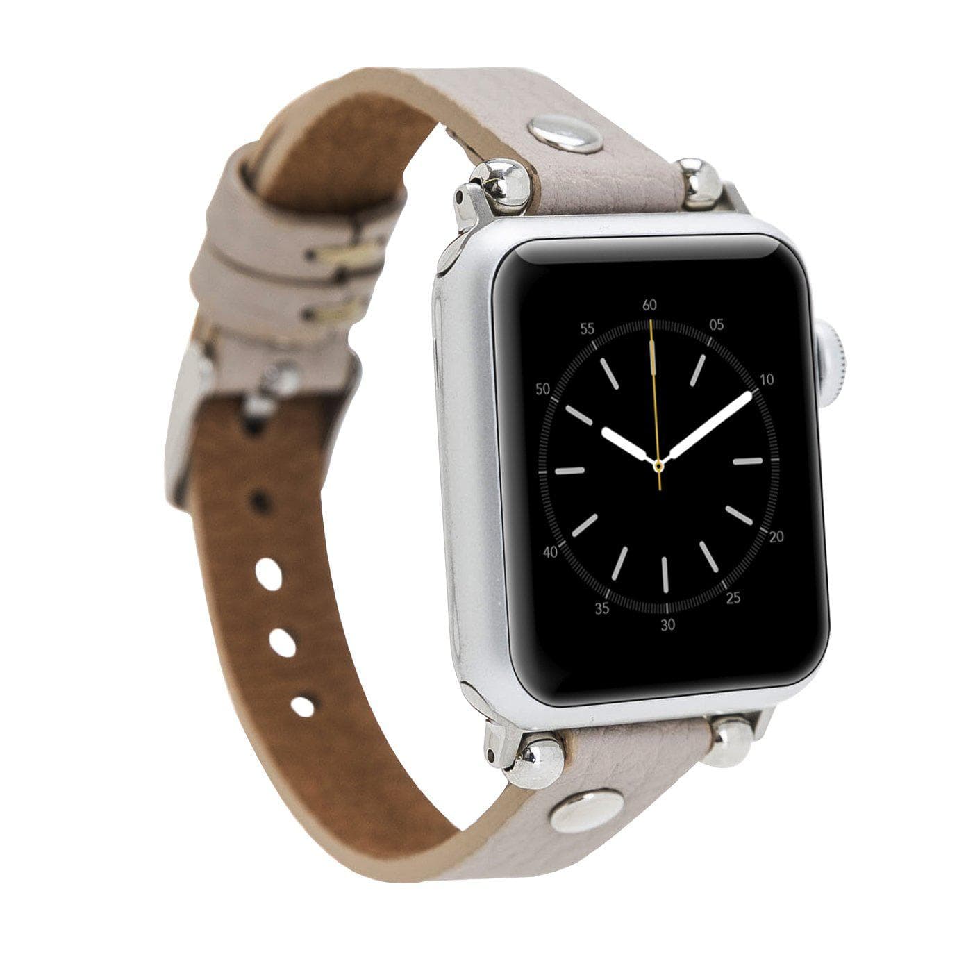 Clitheroe Ferro Apple Watch Leather Strap in premium full-grain leather with stainless steel buckle, showcasing personalization options.