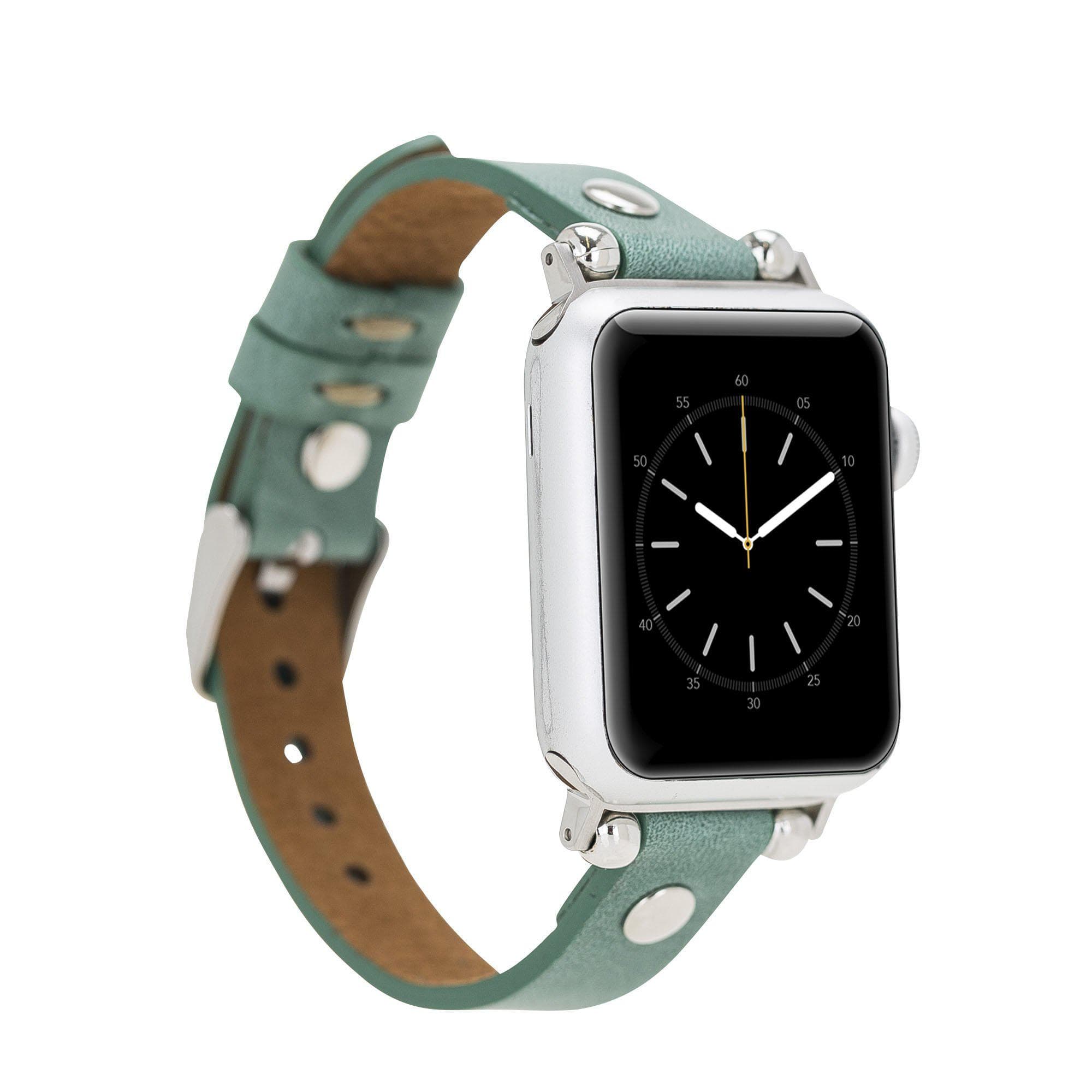 Clitheroe Ferro Apple Watch Leather Strap in premium full-grain leather with stainless steel buckle, showcasing personalization options.