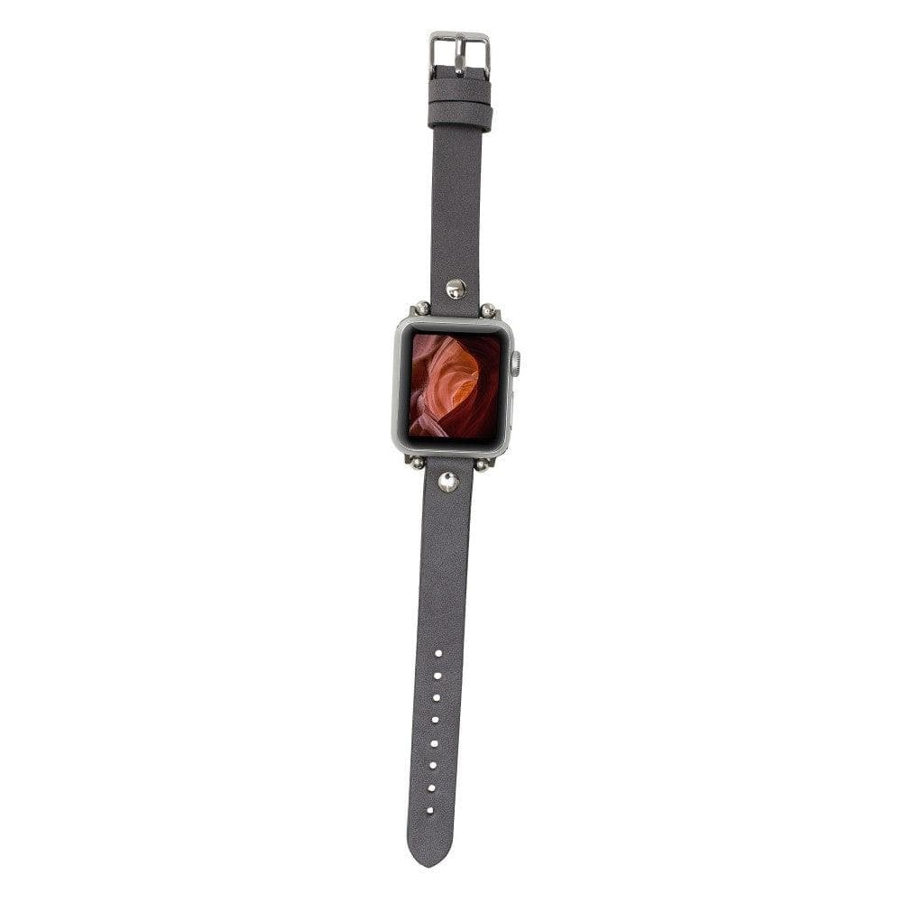 Clitheroe Ferro Apple Watch Leather Strap in premium full-grain leather with stainless steel buckle, showcasing personalization options.