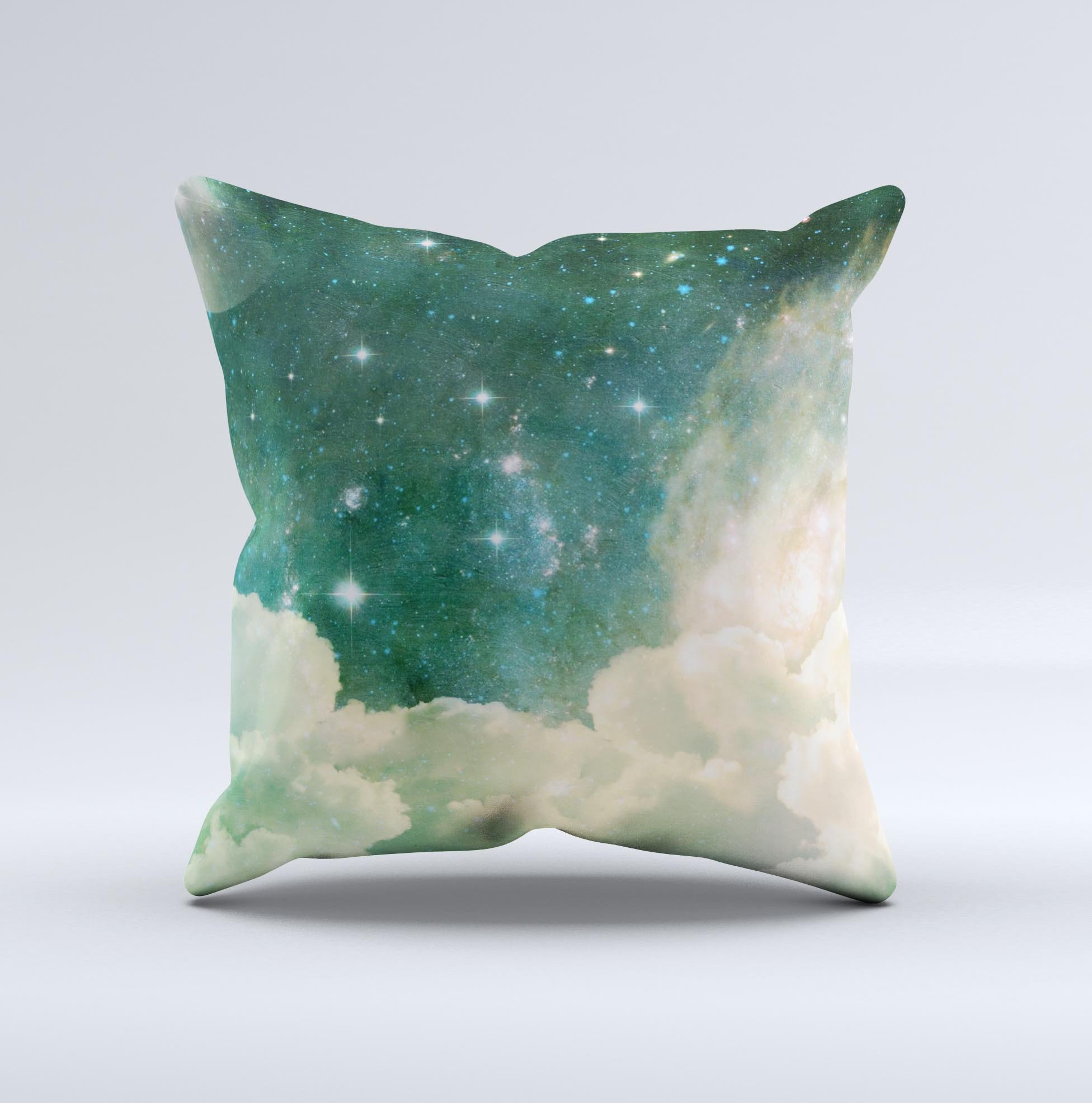 Cloudy Grunge Green Universe Ink-Fuzed Decorative Throw Pillow showcasing unique design and high-quality fabric.