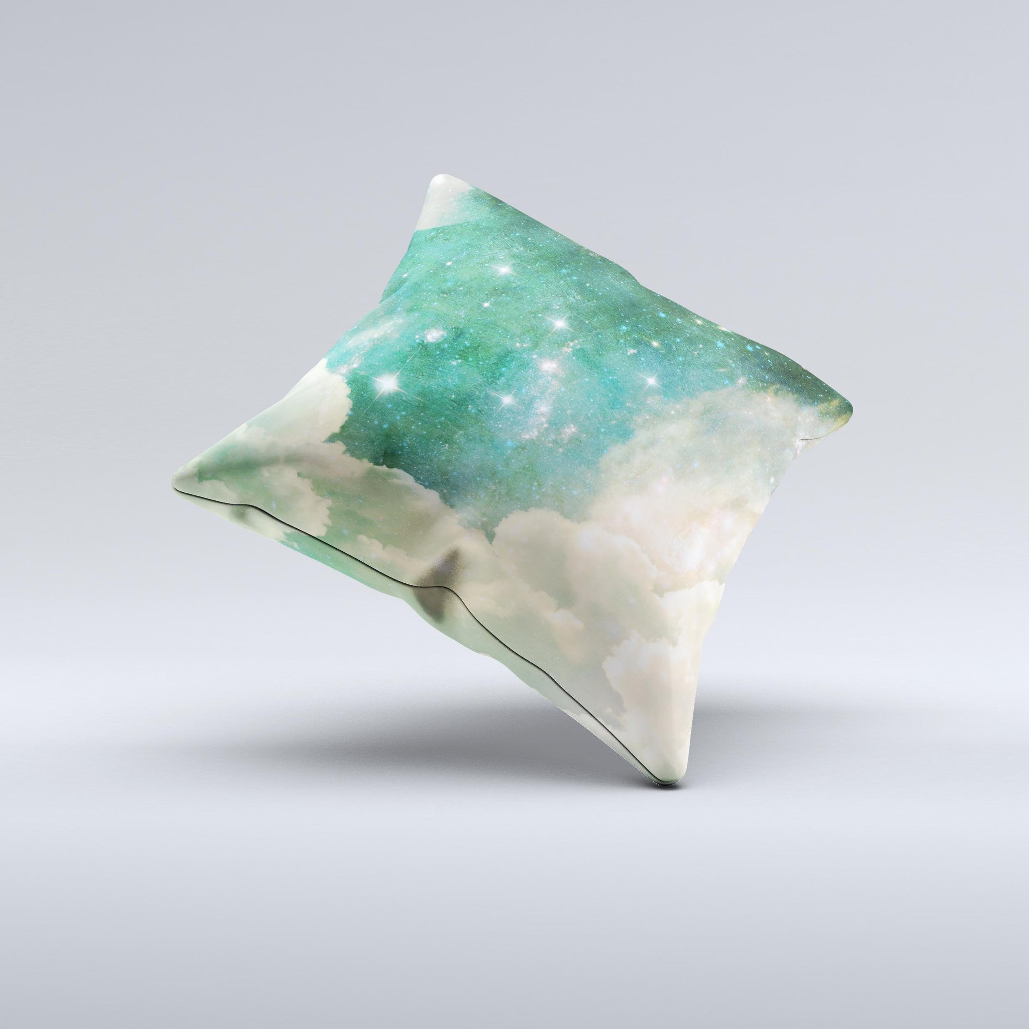 Cloudy Grunge Green Universe Ink-Fuzed Decorative Throw Pillow showcasing unique design and high-quality fabric.