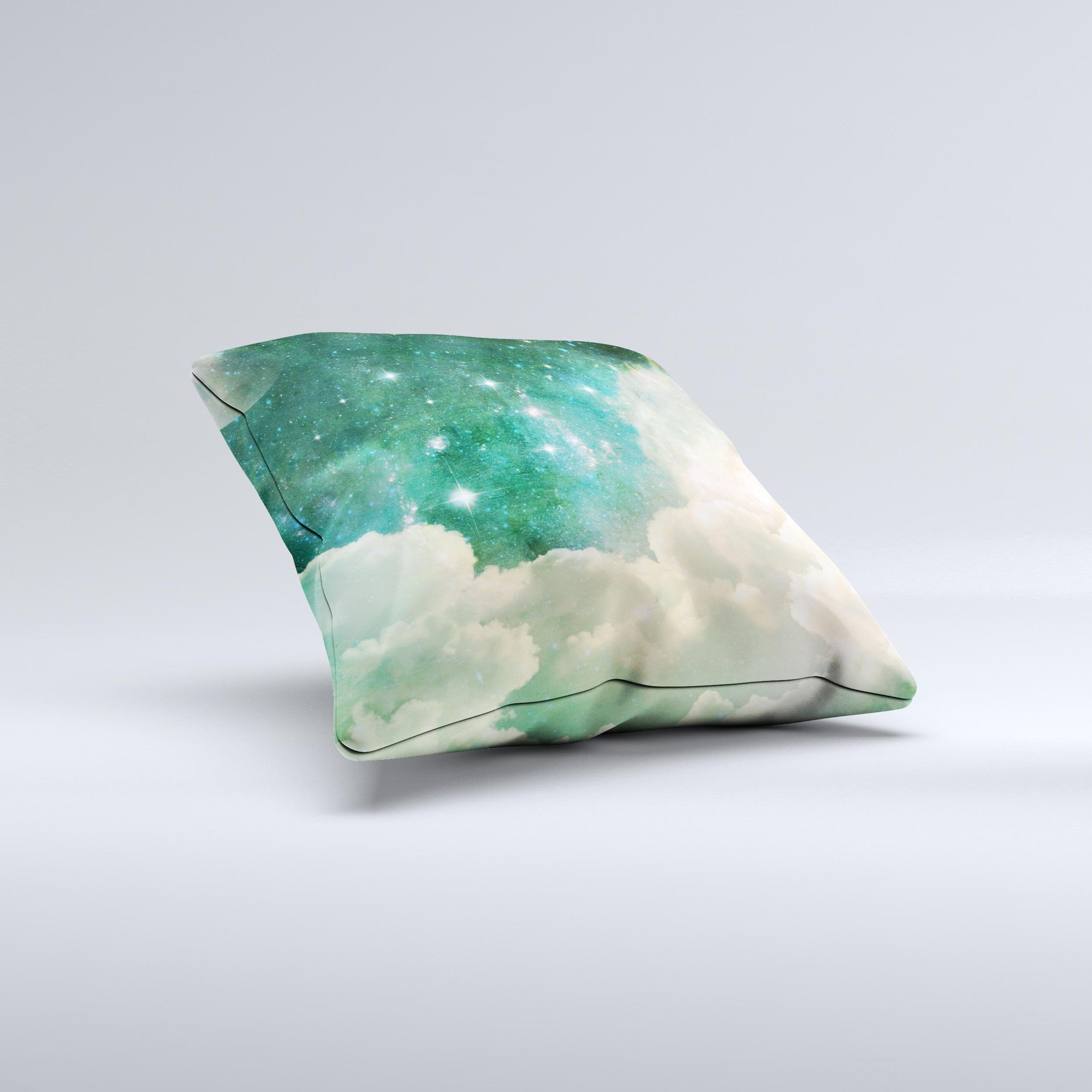 Cloudy Grunge Green Universe Ink-Fuzed Decorative Throw Pillow showcasing unique design and high-quality fabric.