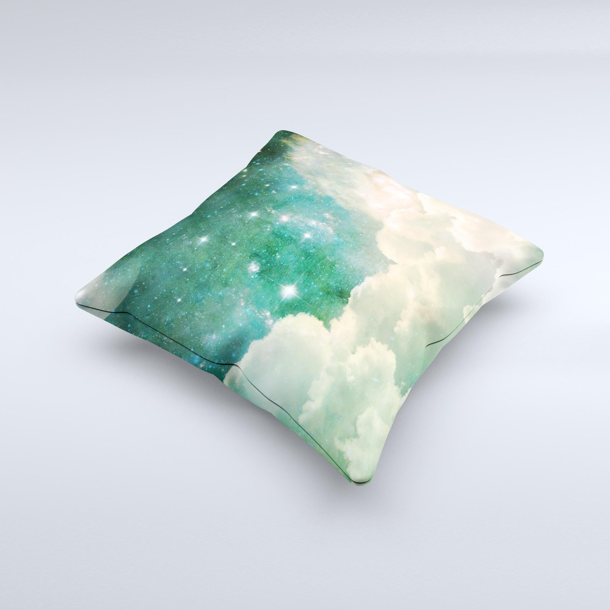 Cloudy Grunge Green Universe Ink-Fuzed Decorative Throw Pillow showcasing unique design and high-quality fabric.