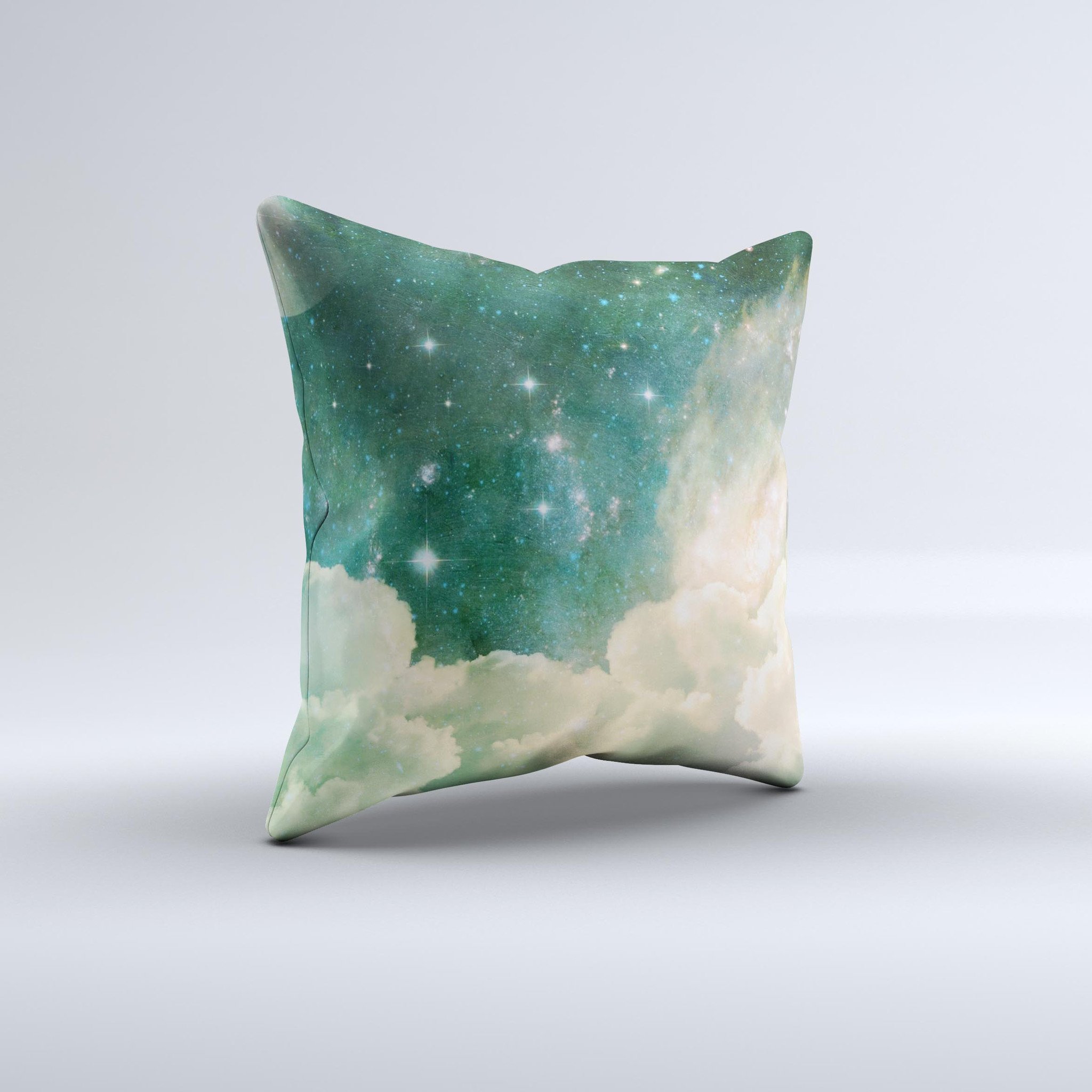 Cloudy Grunge Green Universe Ink-Fuzed Decorative Throw Pillow showcasing unique design and high-quality fabric.