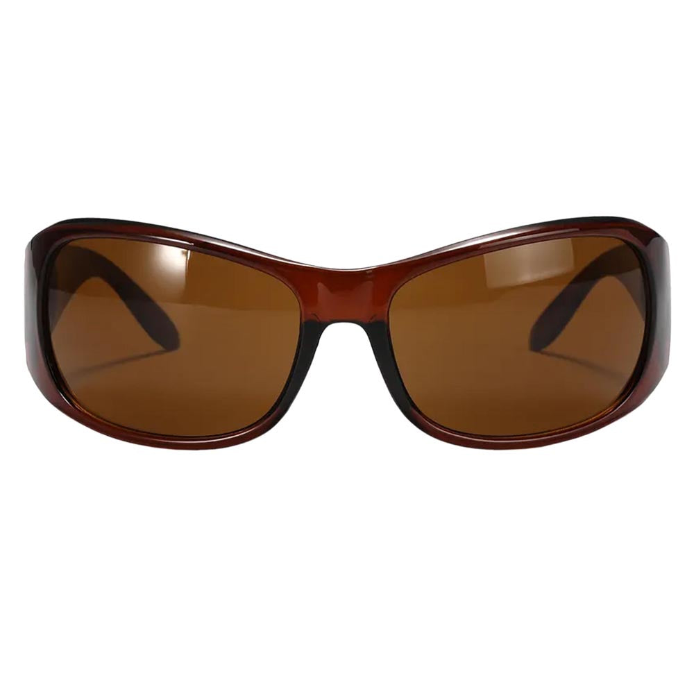 Clover polarized sunglasses featuring an oversized wrap-around frame in glossy brown and black colors, perfect for sun protection.