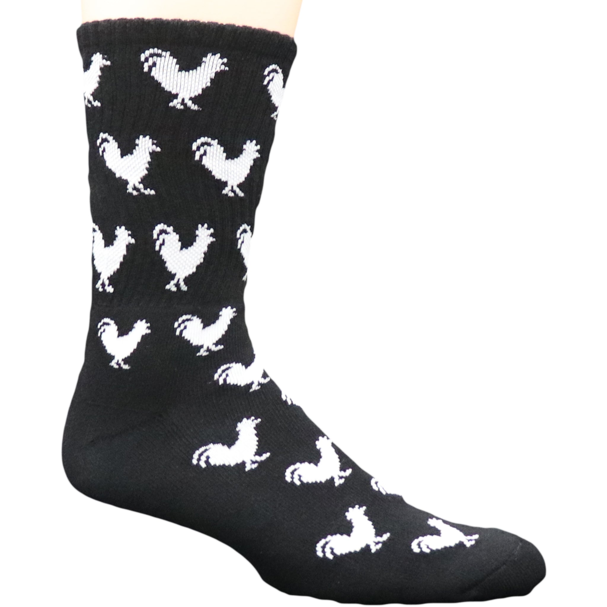 Coo Coo Chicken Crew Socks featuring a colorful chicken design on a vibrant red, white, and green background, perfect for farm lovers.