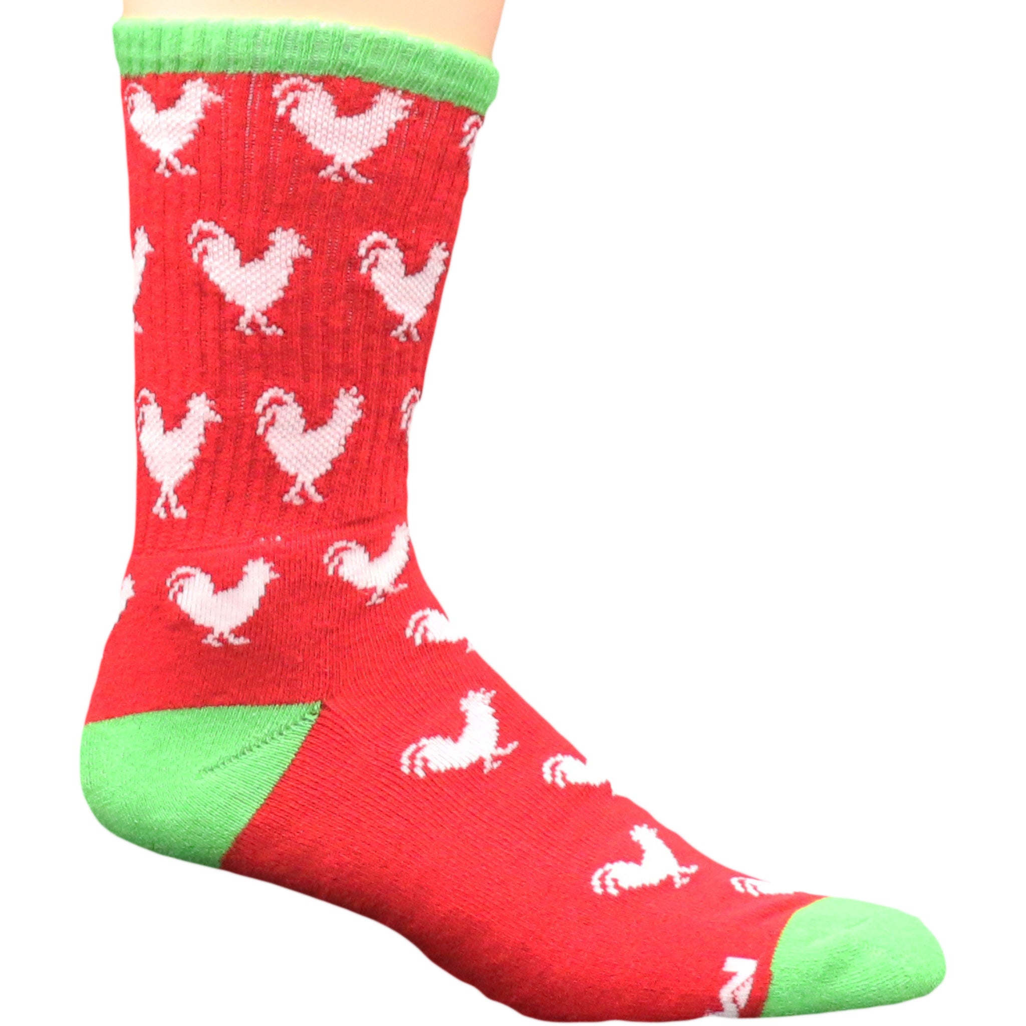 Coo Coo Chicken Crew Socks featuring a colorful chicken design on a vibrant red, white, and green background, perfect for farm lovers.