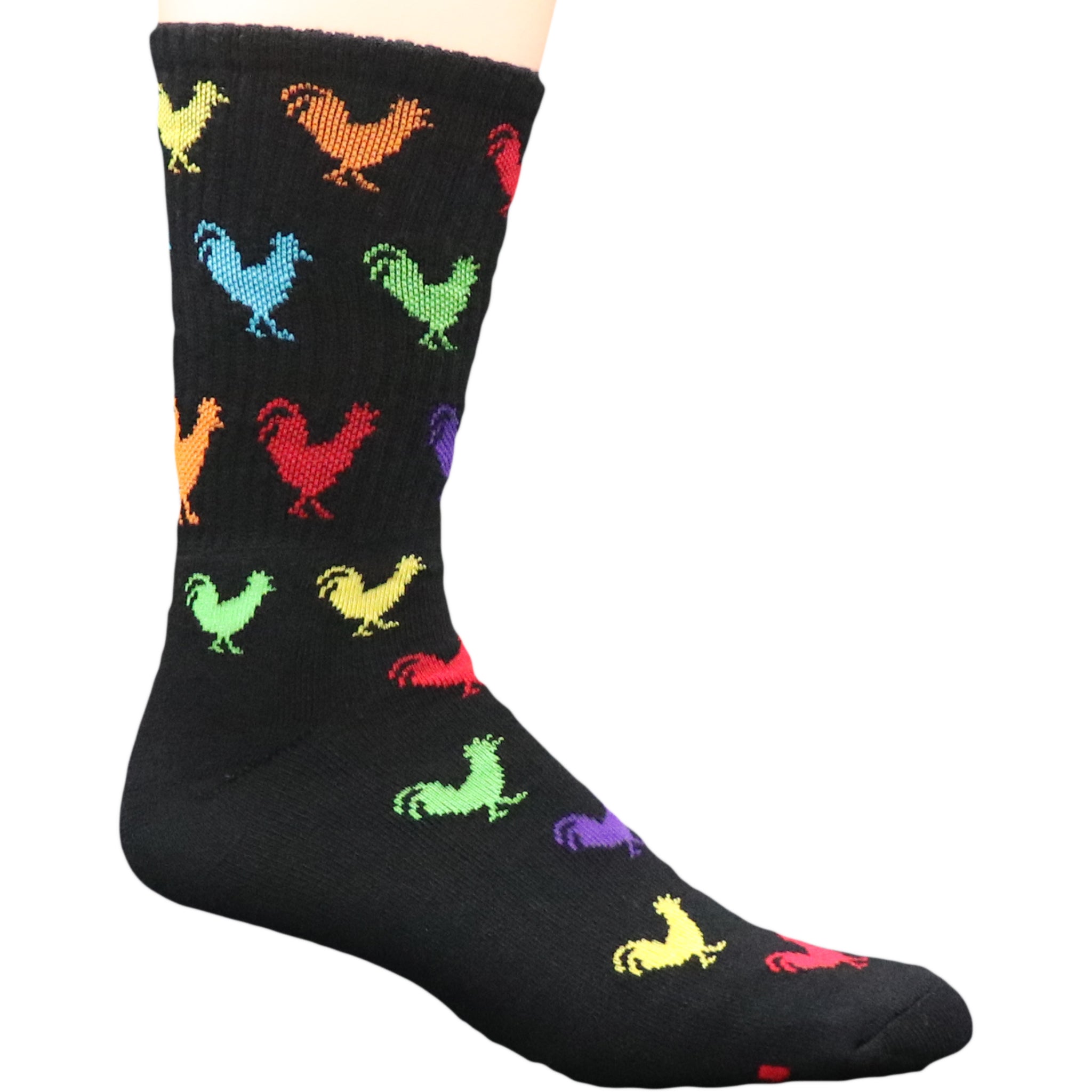 Coo Coo Chicken Crew Socks featuring a colorful chicken design on a vibrant red, white, and green background, perfect for farm lovers.