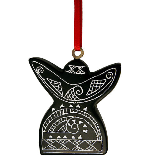 Handcrafted Coal Angel Ornament with red ribbon, symbolizing festive spirit and artisan craftsmanship from Colombia.