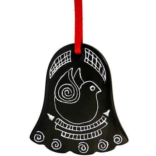 Handcrafted Coal Bell Ornament with red ribbon, symbolizing artisan craftsmanship and fair trade.