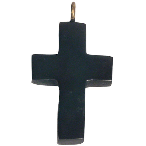 Handcrafted Coal Cross Pendant on a black cord, showcasing unique coal texture and design.