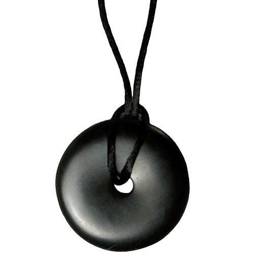 Handcrafted Coal Donut Pendant on a black cord, showcasing unique coal texture and artisan craftsmanship.