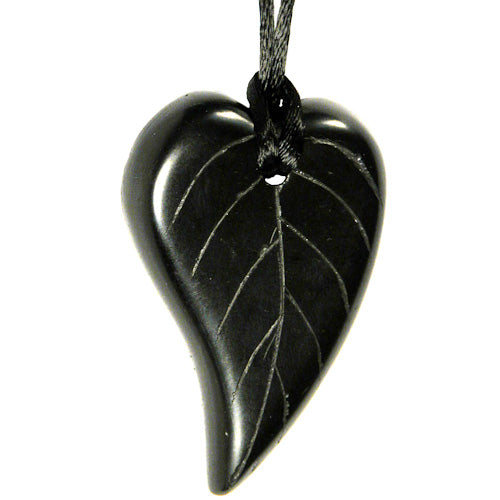 Handcrafted Coal Leaf Pendant on a black cord, showcasing its unique leaf shape and polished finish.