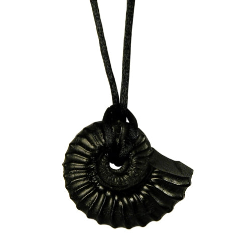 Handcrafted Coal Seashell Pendant on a black cord, showcasing unique artisan craftsmanship from Colombia.