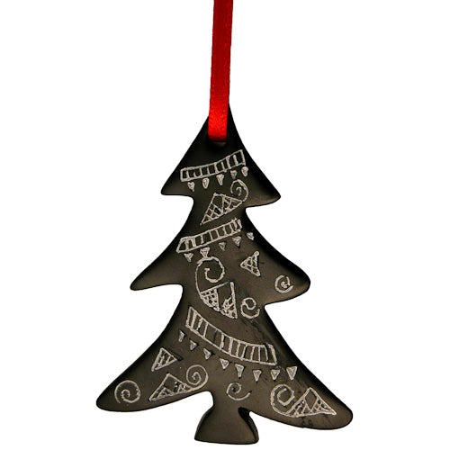 Handcrafted Coal Tree Ornament with red ribbon, symbolizing fair trade and artisan craftsmanship from Colombia.