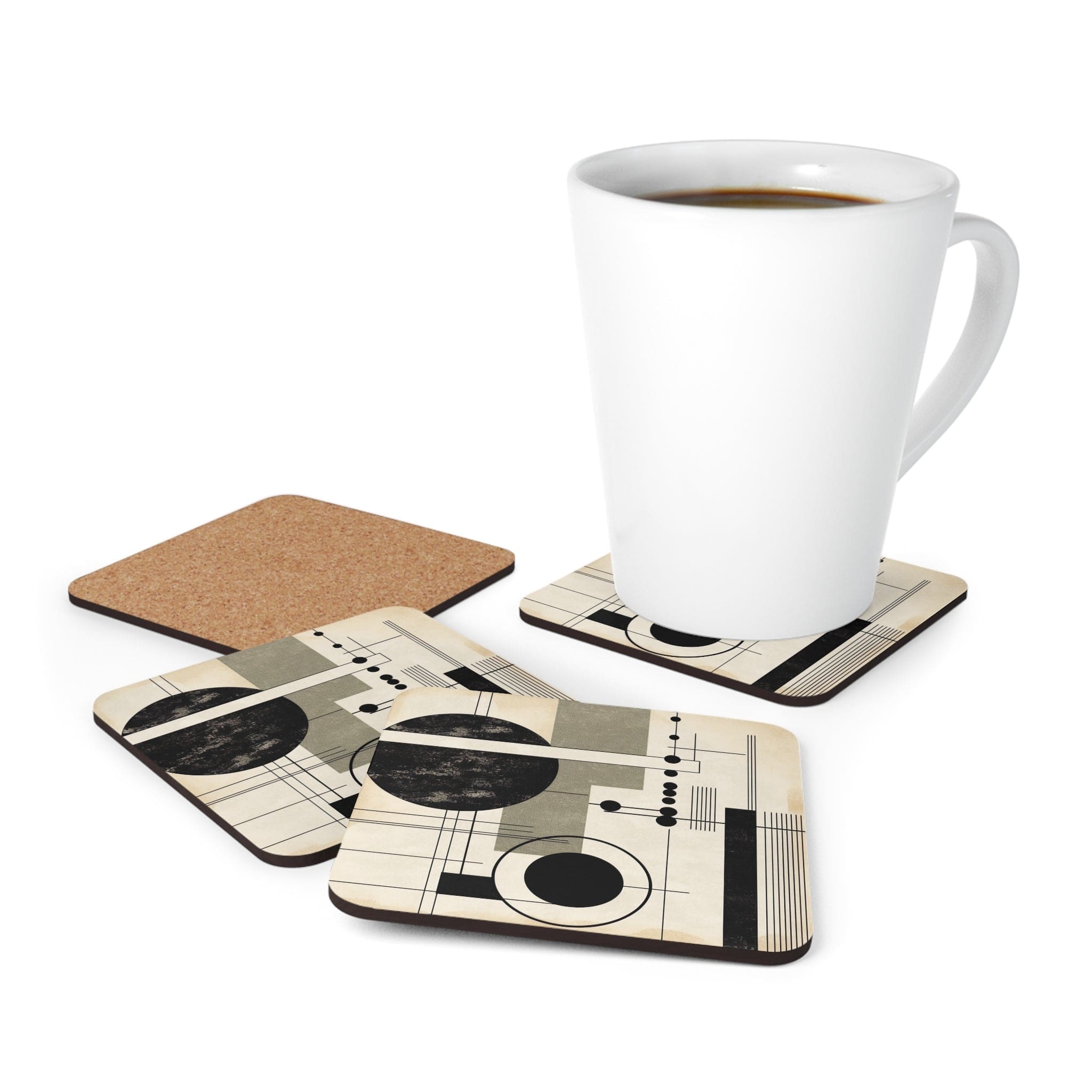 Coaster Set of 4 featuring abstract black, beige, and brown geometric designs, perfect for drinks.