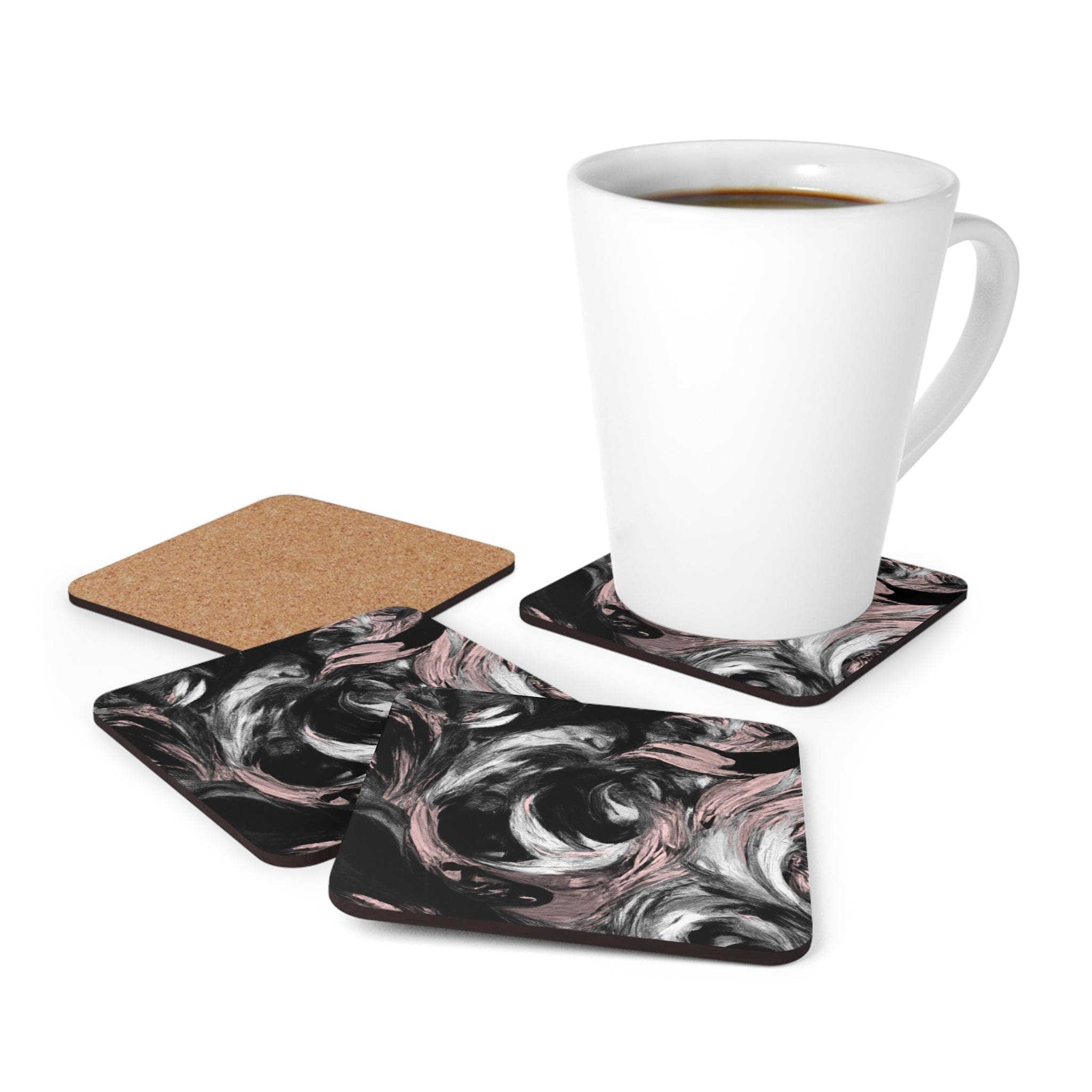 Coaster Set of 4 featuring a black, pink, and white abstract pattern, perfect for drinks and stylish tabletop decor.