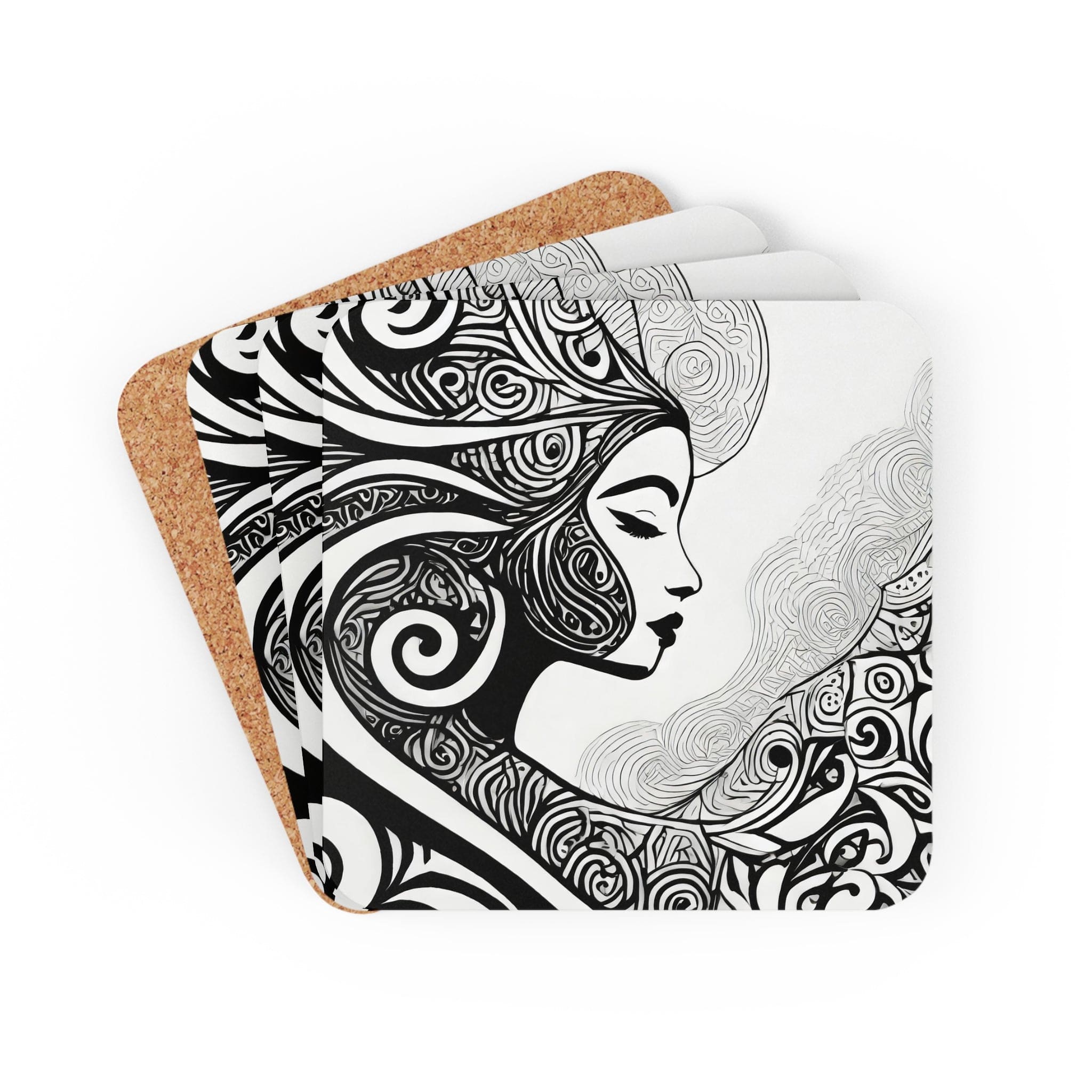 Coaster Set of 4 featuring elegant female black line art prints, perfect for drinks.