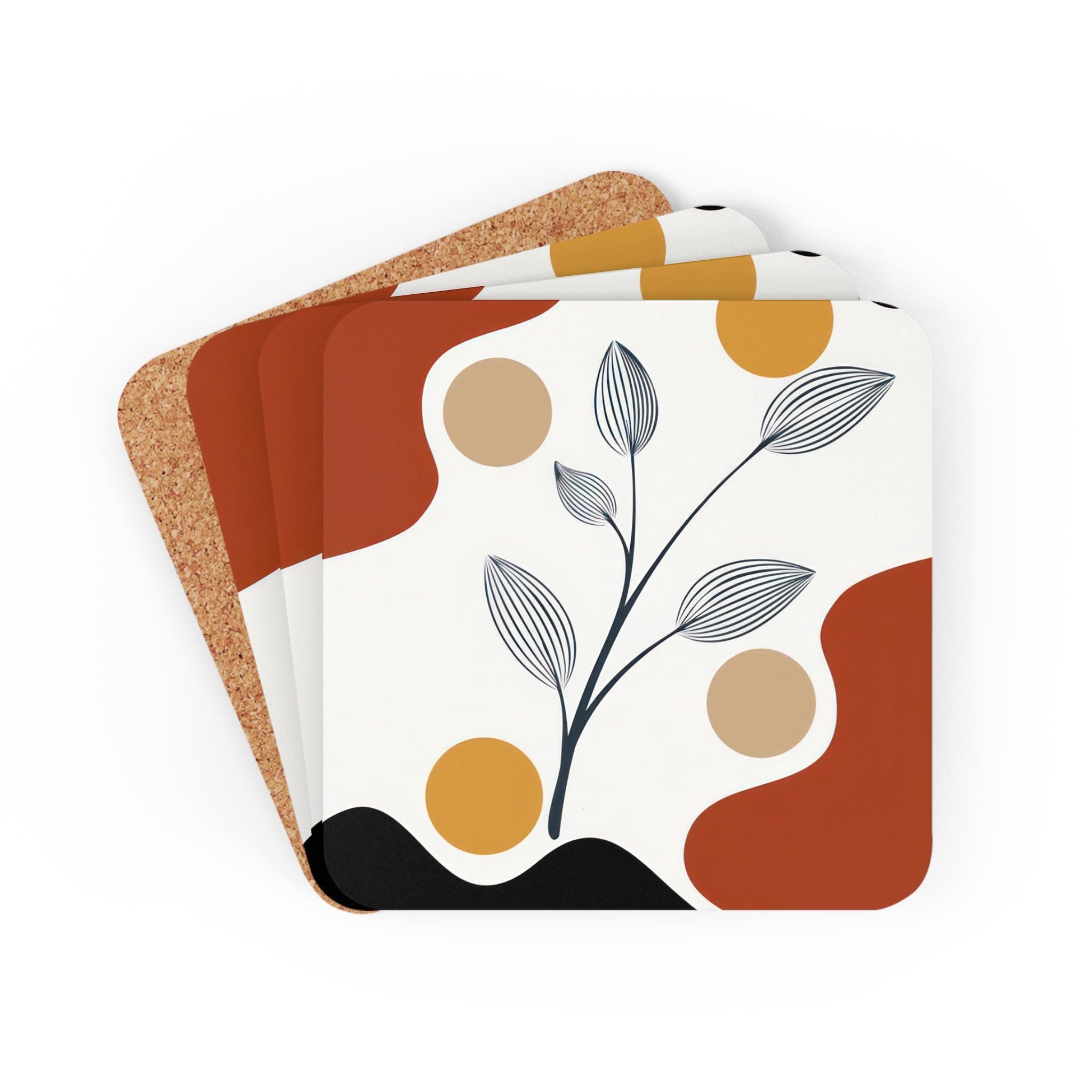 A stylish set of 4 coasters featuring floral line art prints, made from neoprene rubber with cork backing, ideal for drinks.