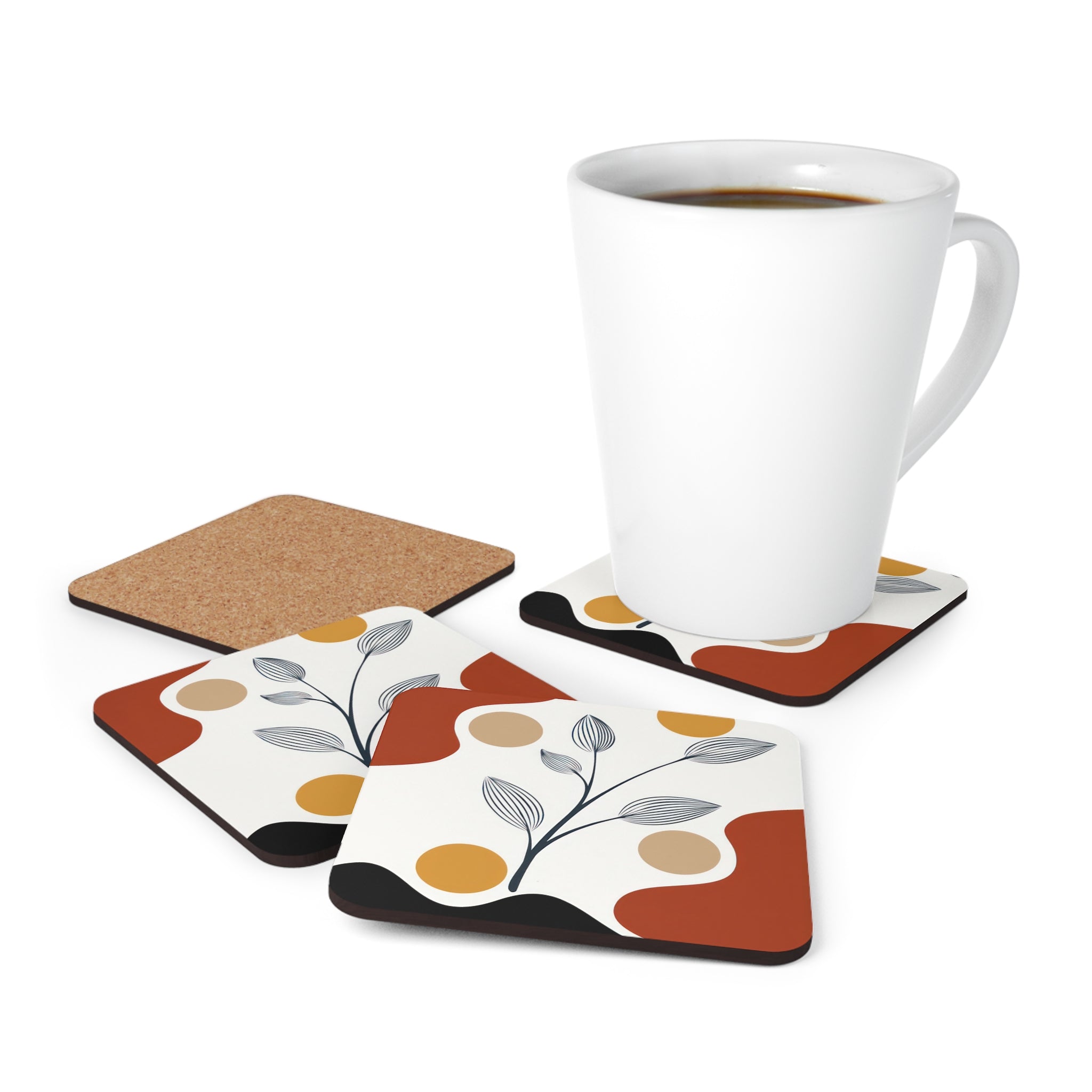 A stylish set of 4 coasters featuring floral line art prints, made from neoprene rubber with cork backing, ideal for drinks.