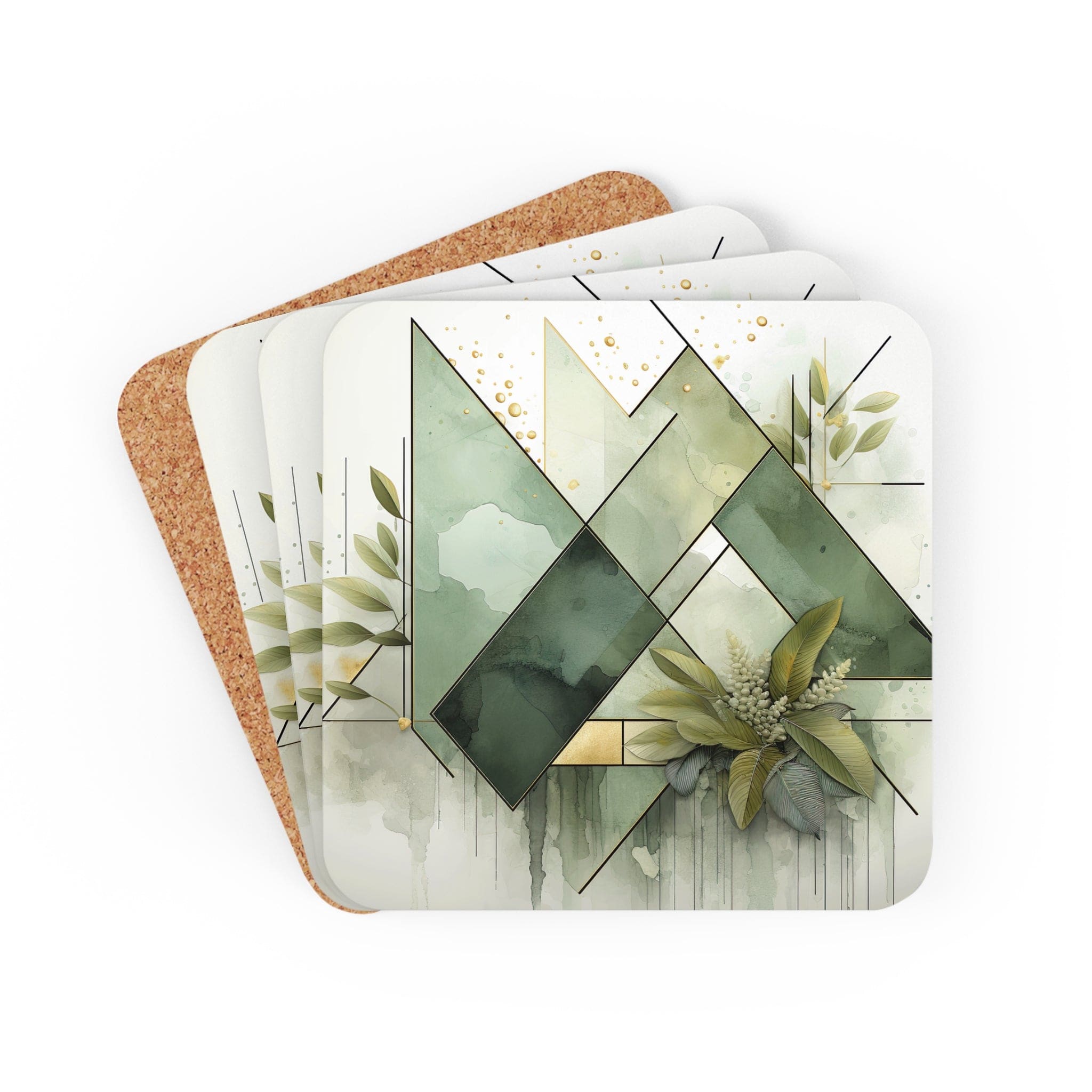 Set of 4 olive green mint leaf coasters with geometric print, showcasing a stylish design for drinks.