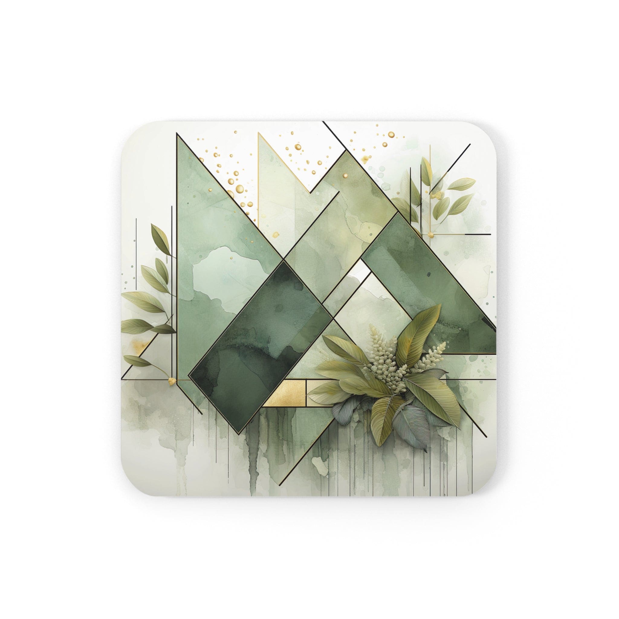 Set of 4 olive green mint leaf coasters with geometric print, showcasing a stylish design for drinks.