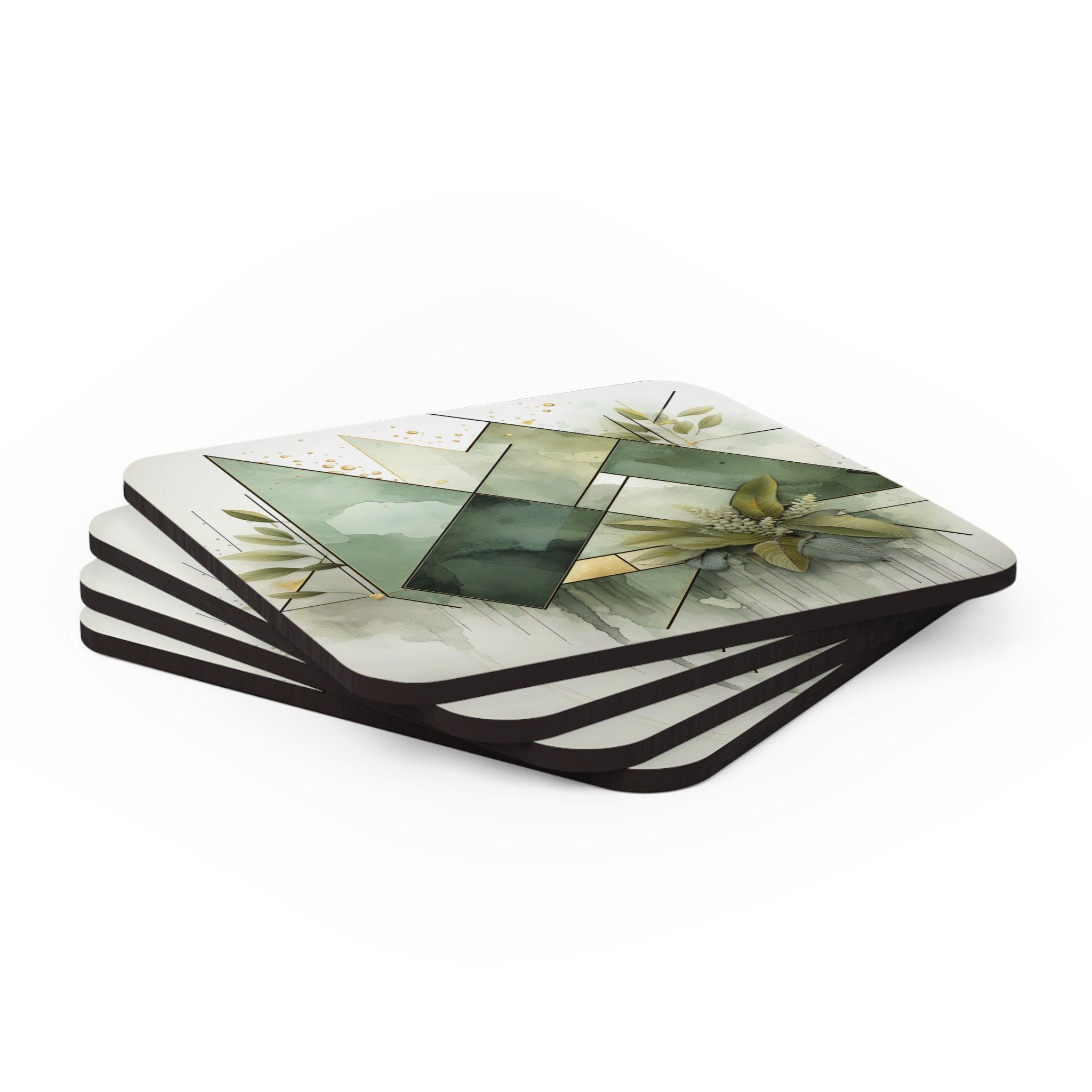 Set of 4 olive green mint leaf coasters with geometric print, showcasing a stylish design for drinks.