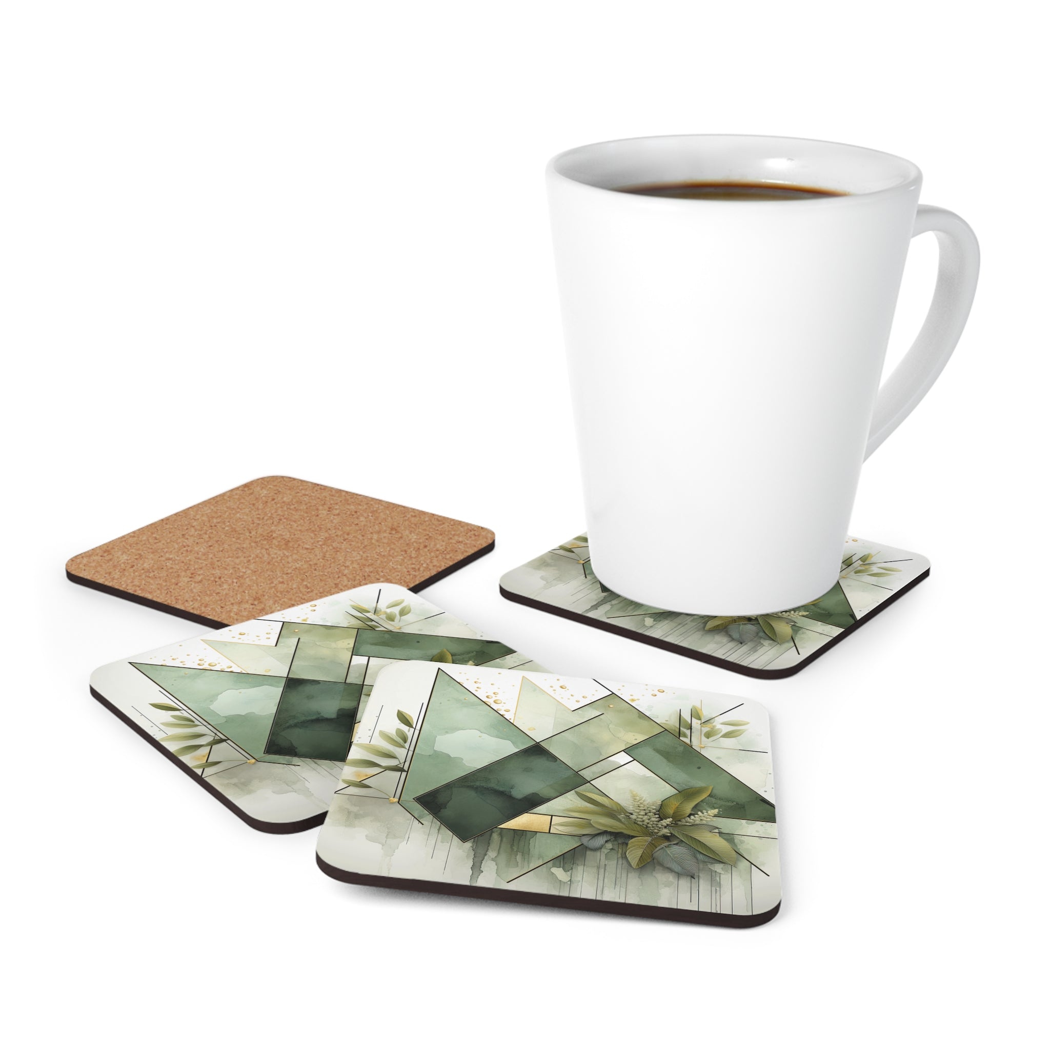 Set of 4 olive green mint leaf coasters with geometric print, showcasing a stylish design for drinks.