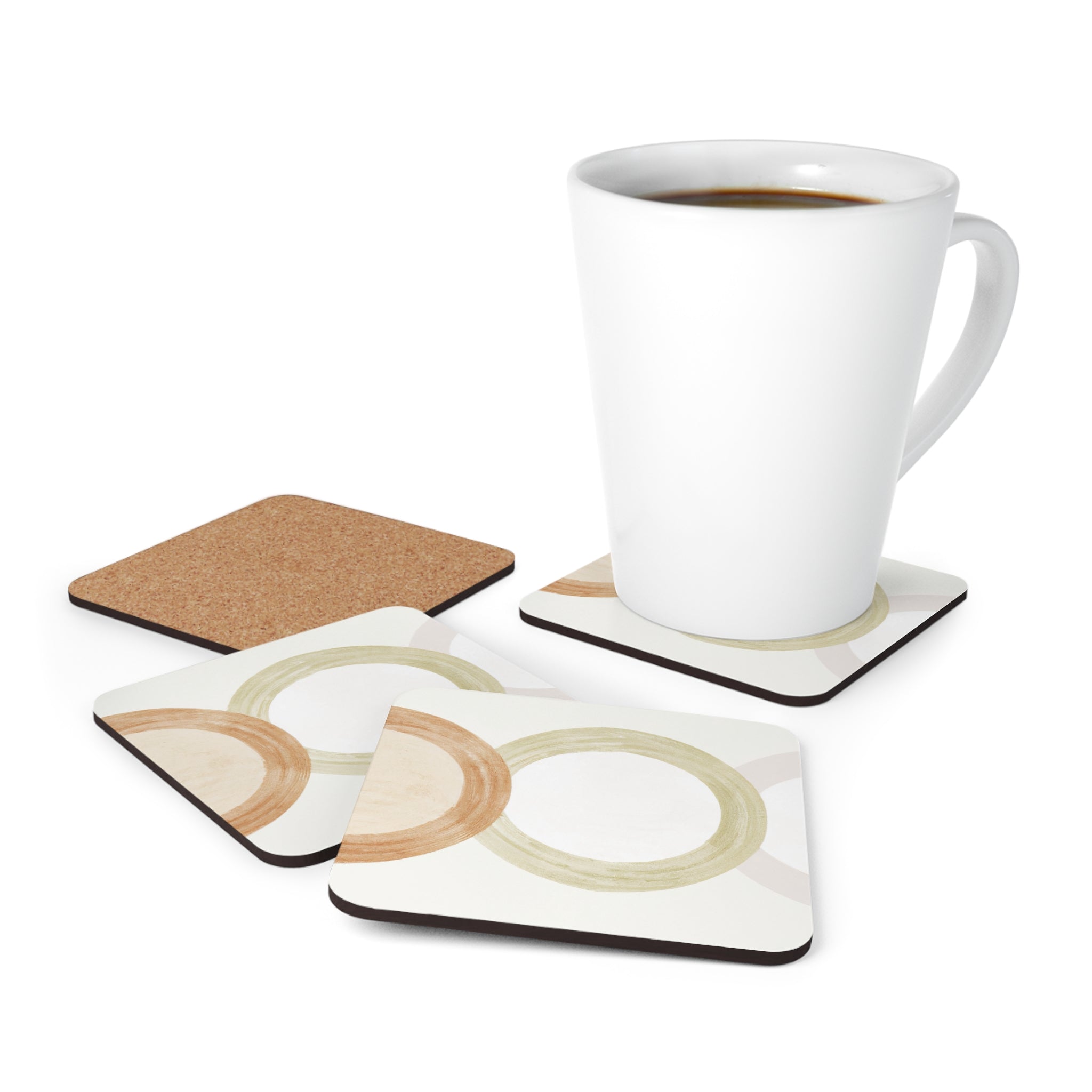 Coaster Set of 4 featuring pastel brown, beige, and green geometric triangular designs, ideal for protecting surfaces from drinks.