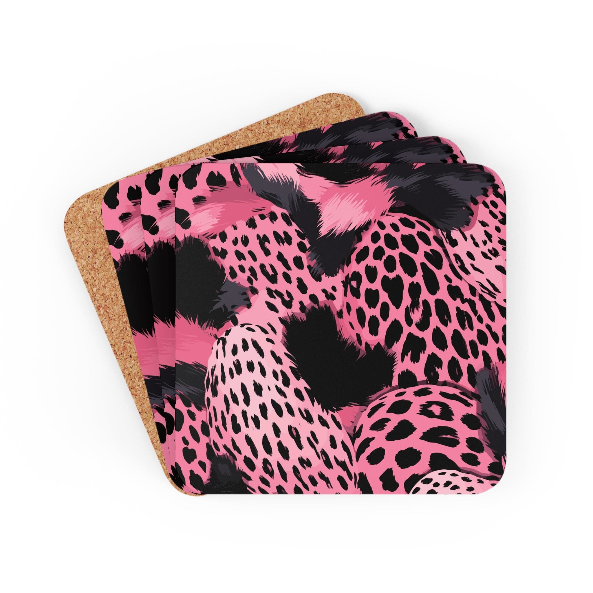 Coaster Set of 4 featuring pink and black leopard spots illustration, perfect for drinks.