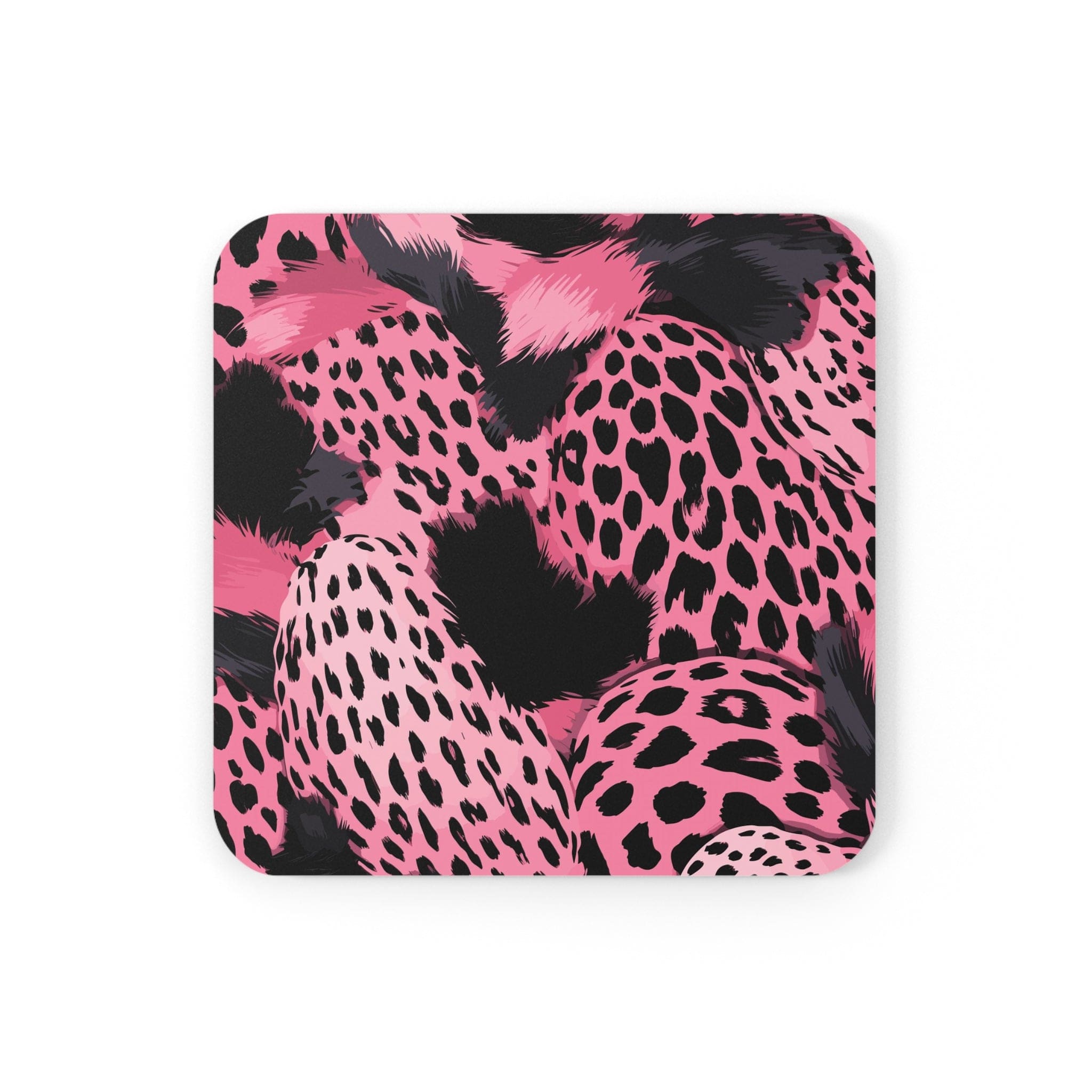 Coaster Set of 4 featuring pink and black leopard spots illustration, perfect for drinks.