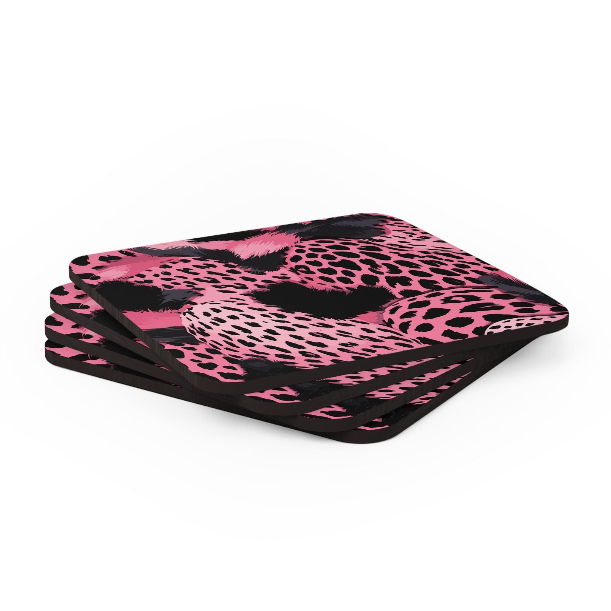 Coaster Set of 4 featuring pink and black leopard spots illustration, perfect for drinks.