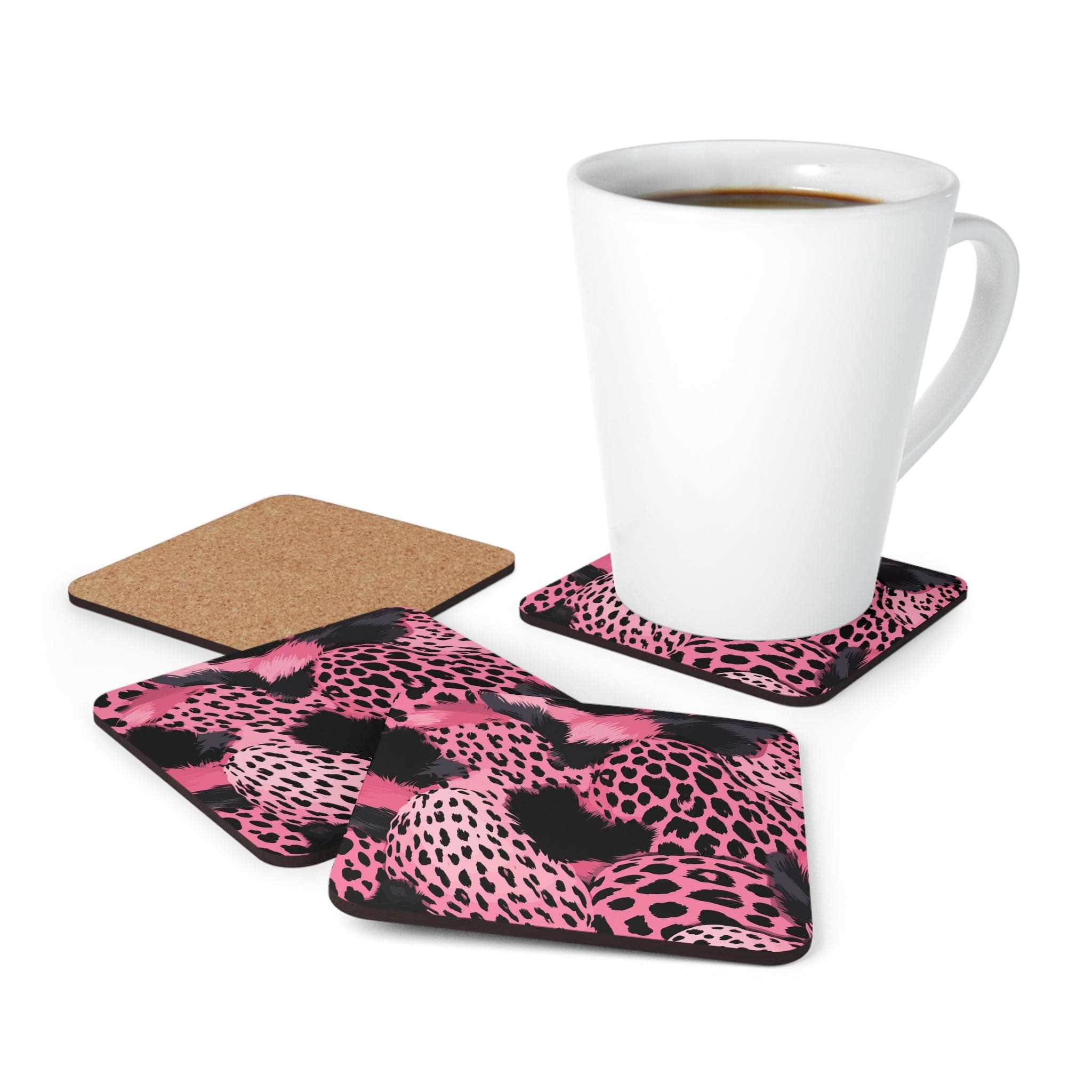 Coaster Set of 4 featuring pink and black leopard spots illustration, perfect for drinks.