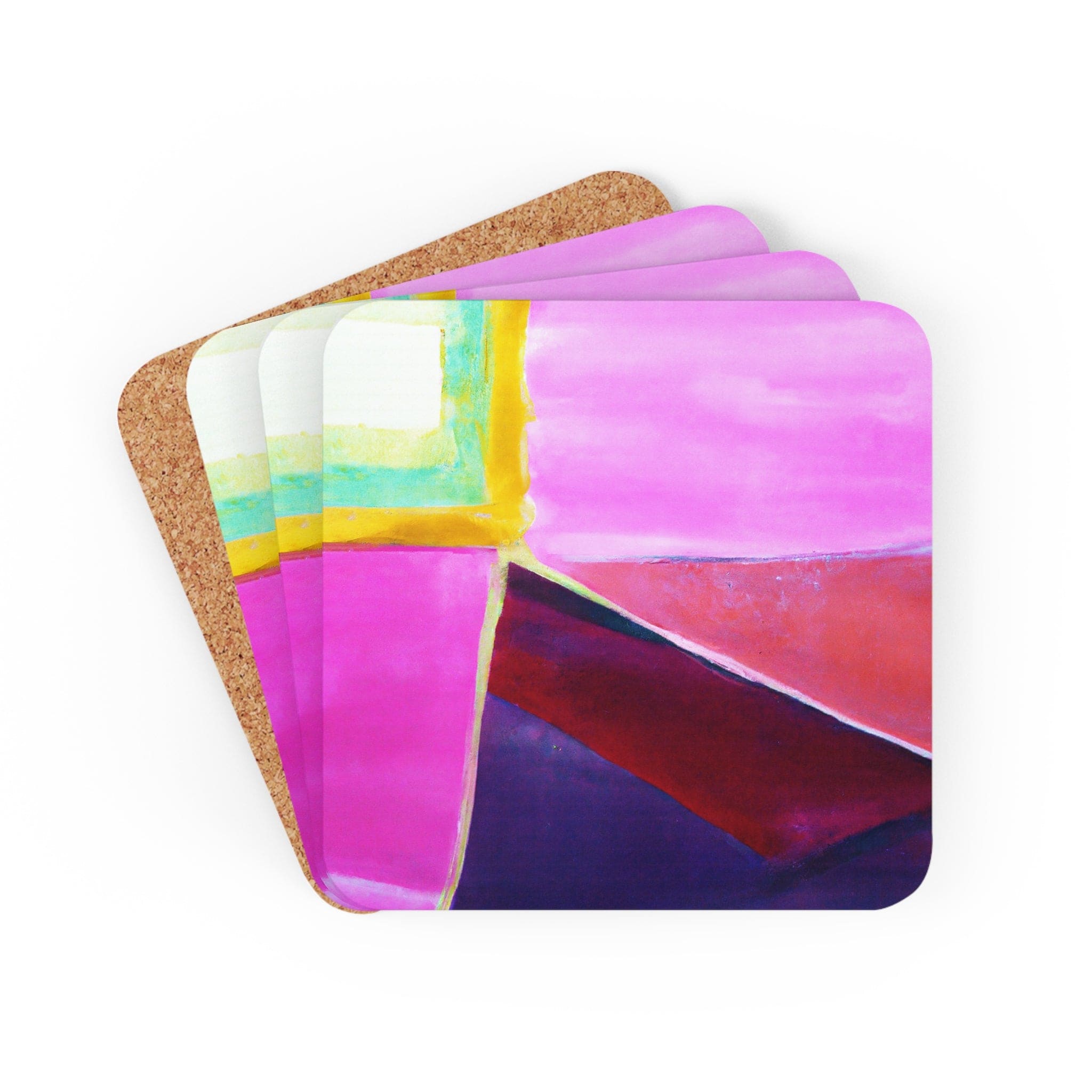 A stylish set of 4 coasters in pink and purple patterns, made from neoprene rubber with cork backing, ideal for protecting surfaces from drinks.