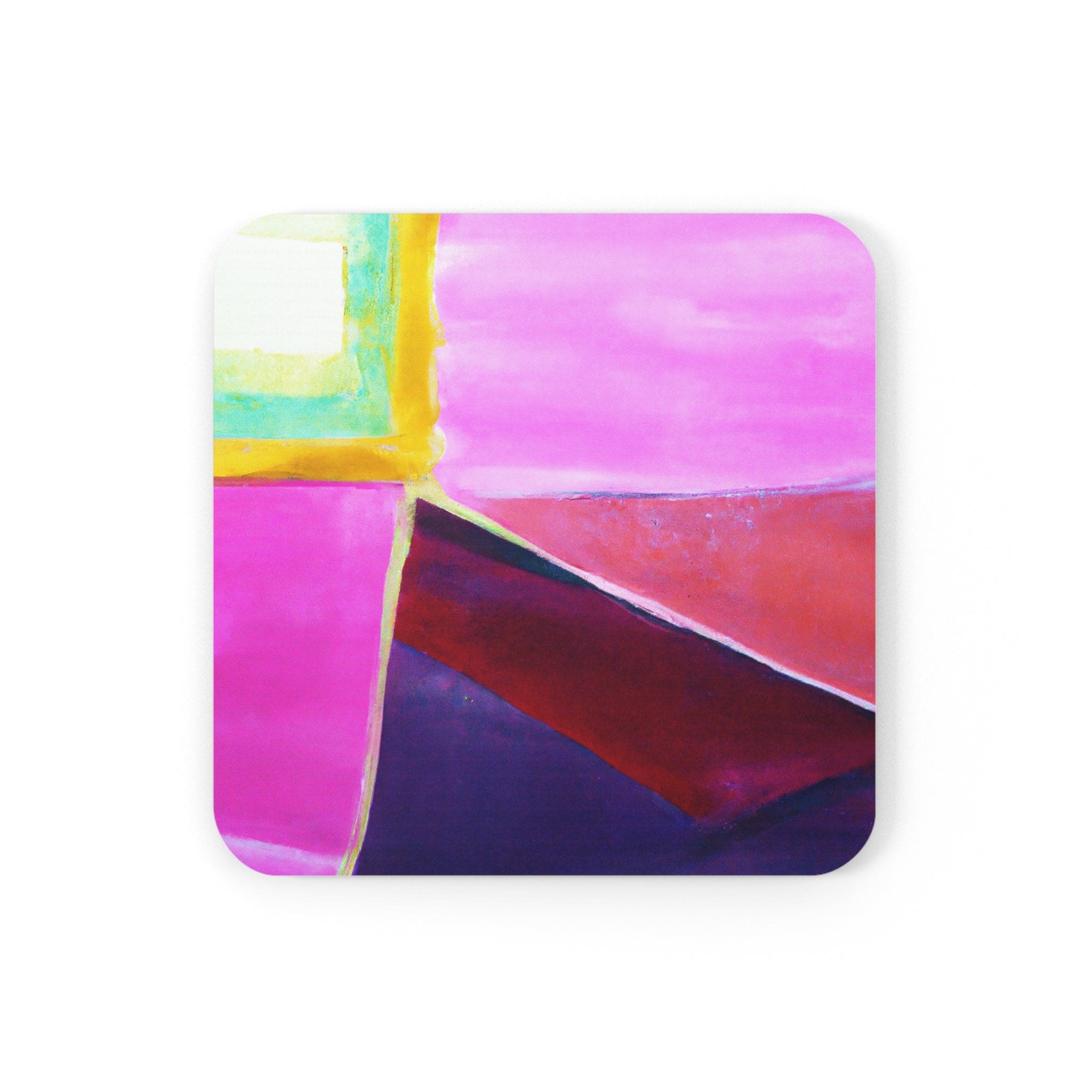 A stylish set of 4 coasters in pink and purple patterns, made from neoprene rubber with cork backing, ideal for protecting surfaces from drinks.