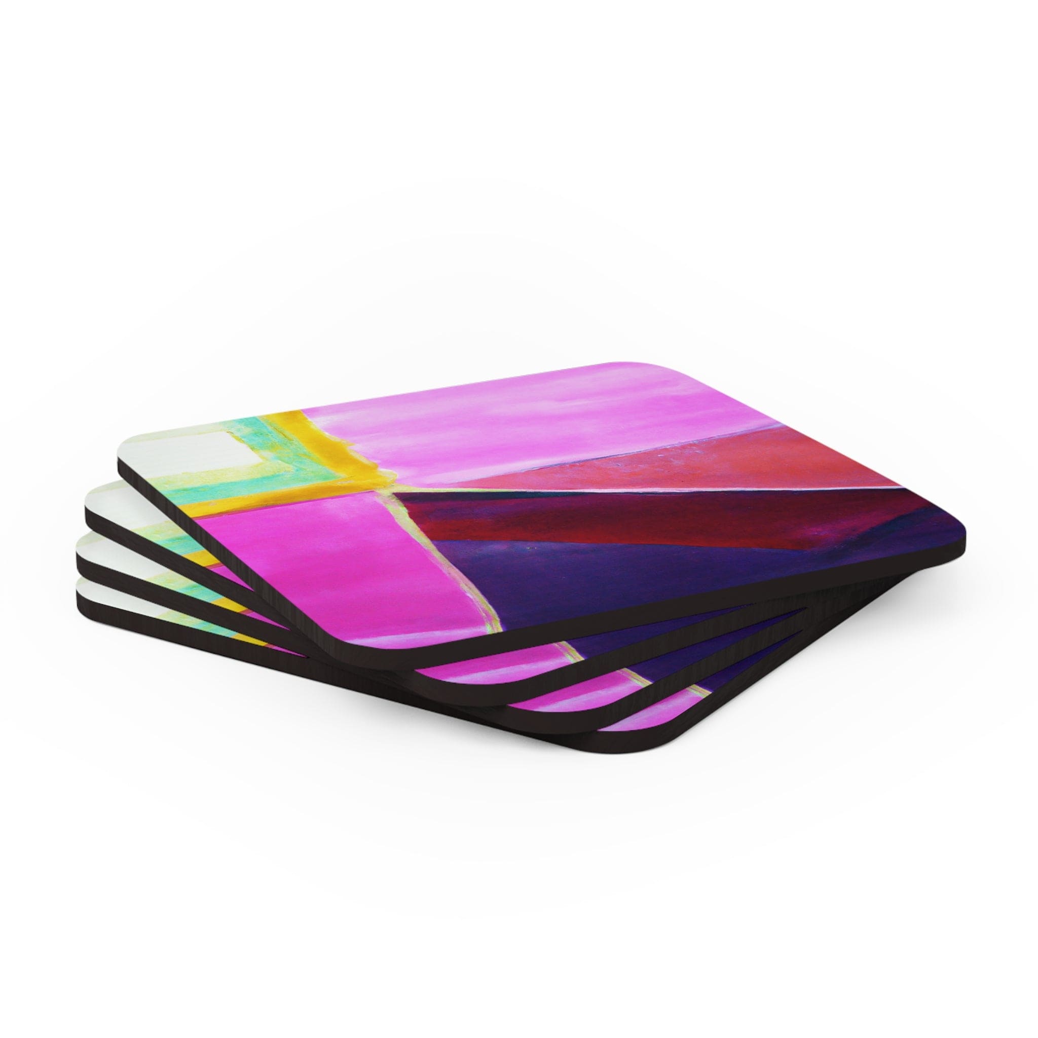 A stylish set of 4 coasters in pink and purple patterns, made from neoprene rubber with cork backing, ideal for protecting surfaces from drinks.