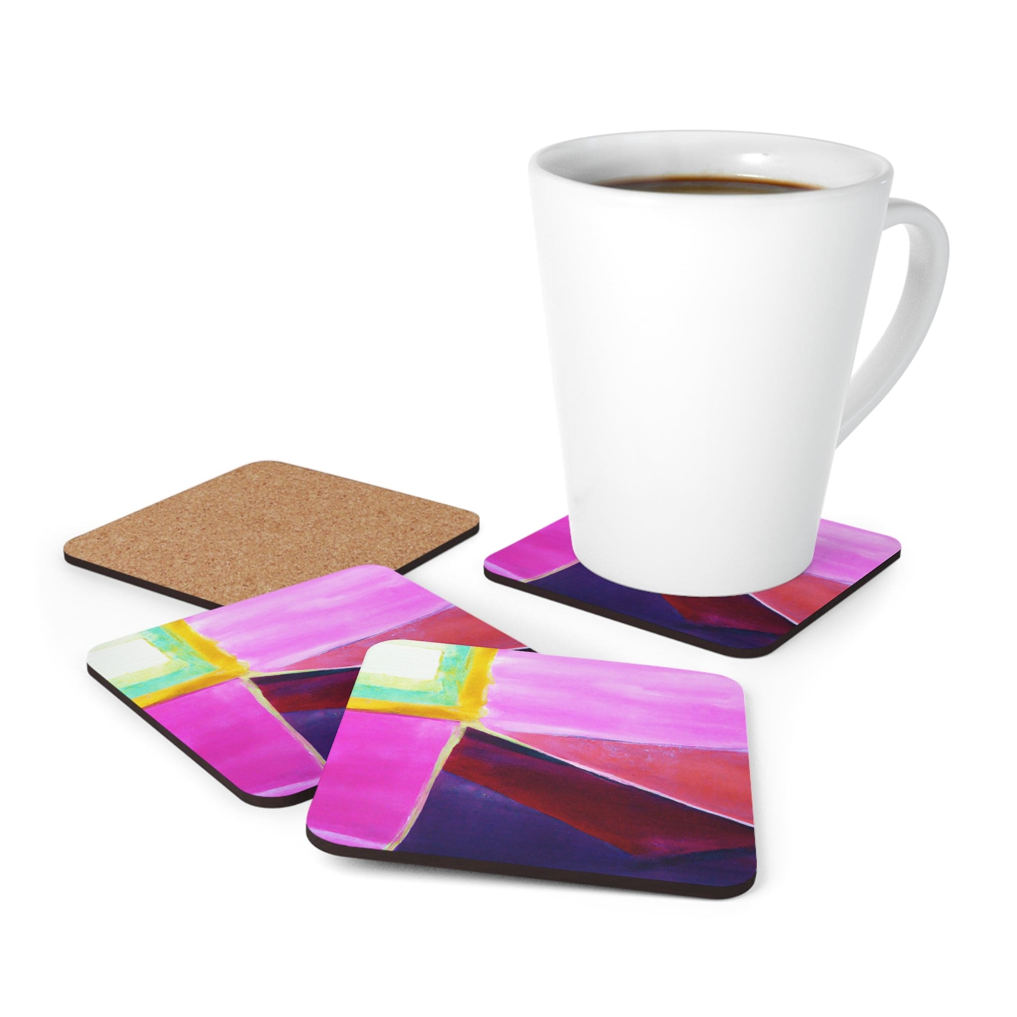 A stylish set of 4 coasters in pink and purple patterns, made from neoprene rubber with cork backing, ideal for protecting surfaces from drinks.