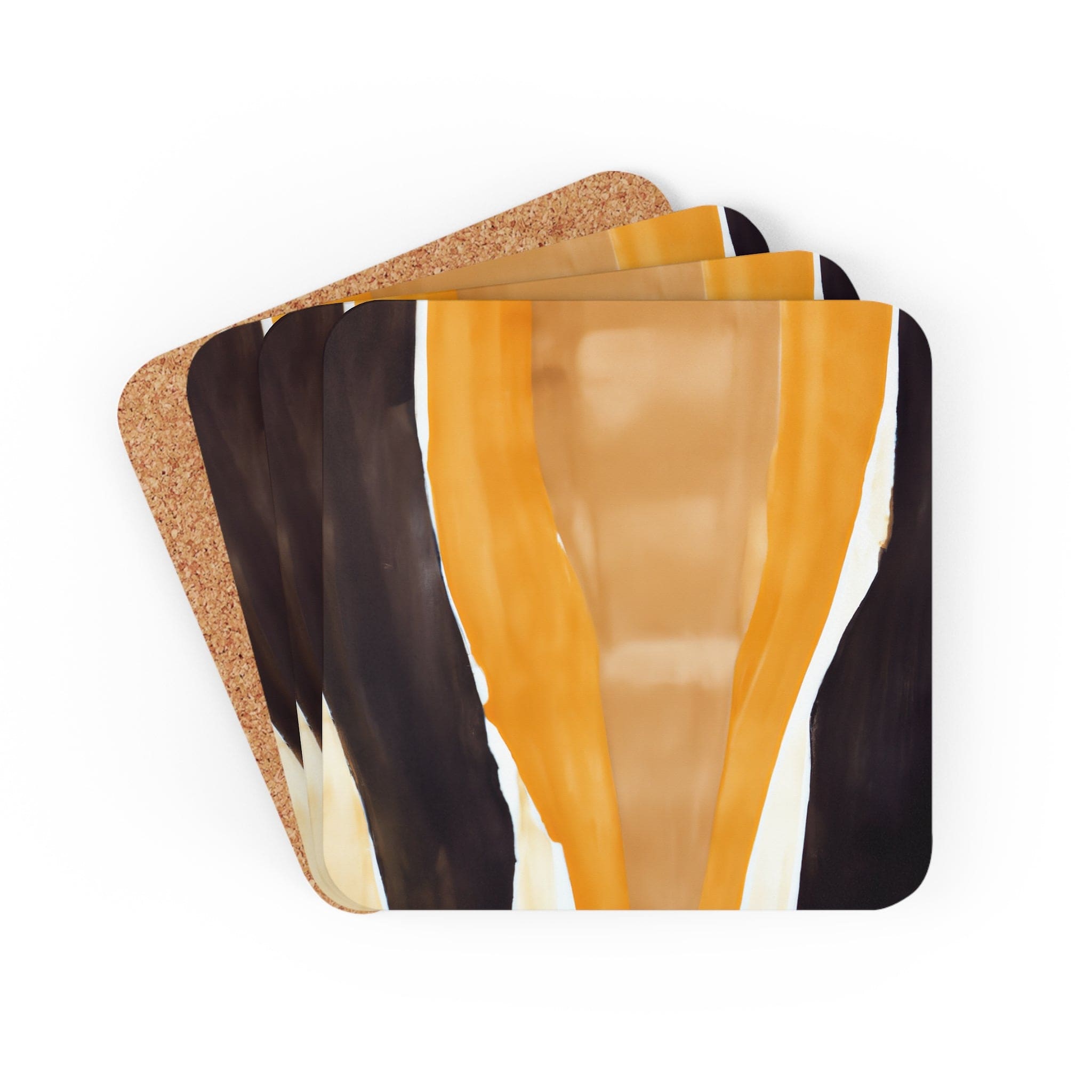 A set of 4 square coasters featuring a yellow and brown abstract pattern, designed for drinks with a cork backing and neoprene material.