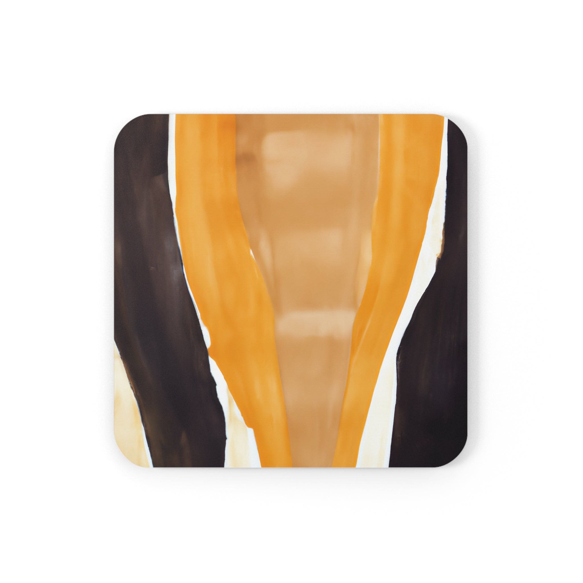 A set of 4 square coasters featuring a yellow and brown abstract pattern, designed for drinks with a cork backing and neoprene material.