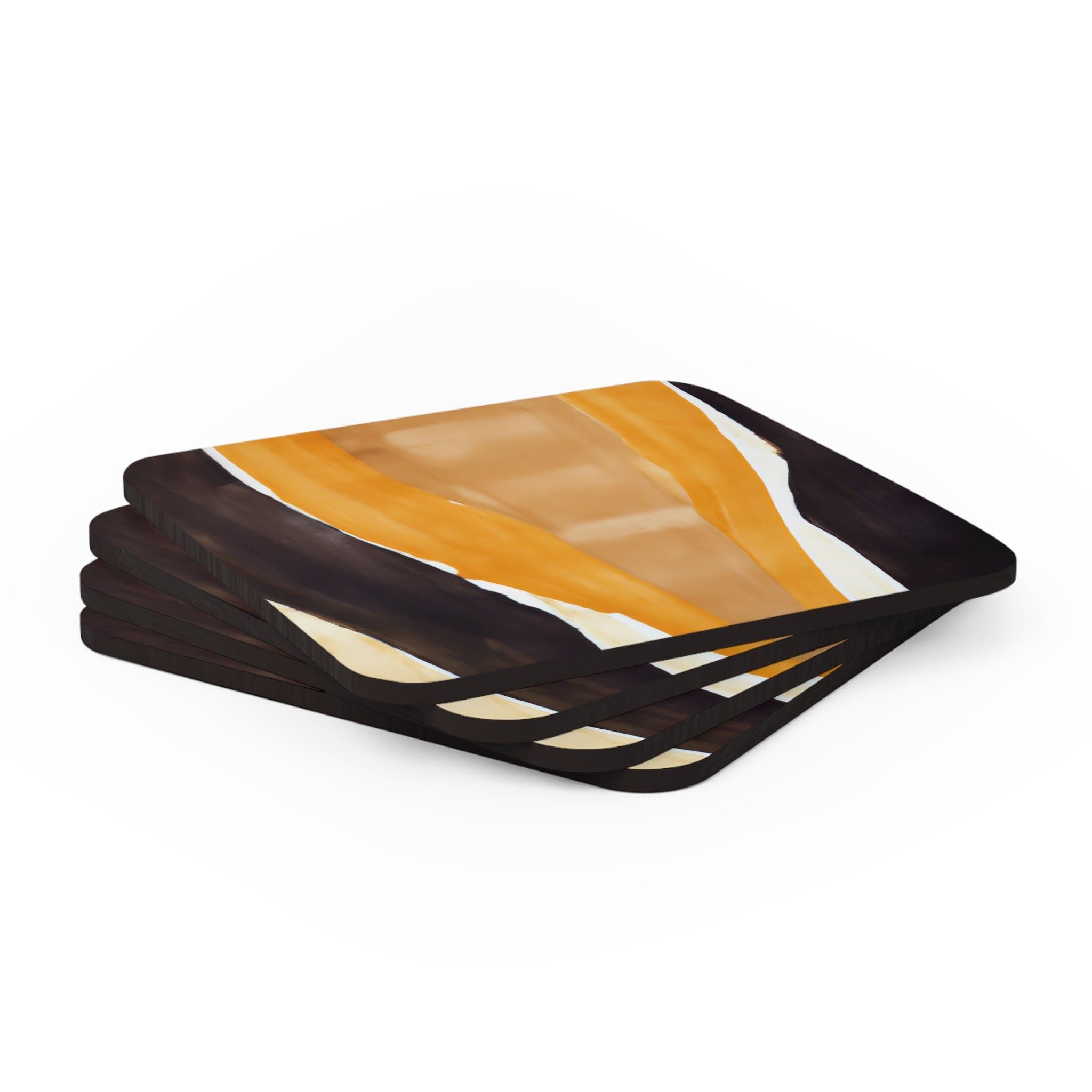 A set of 4 square coasters featuring a yellow and brown abstract pattern, designed for drinks with a cork backing and neoprene material.