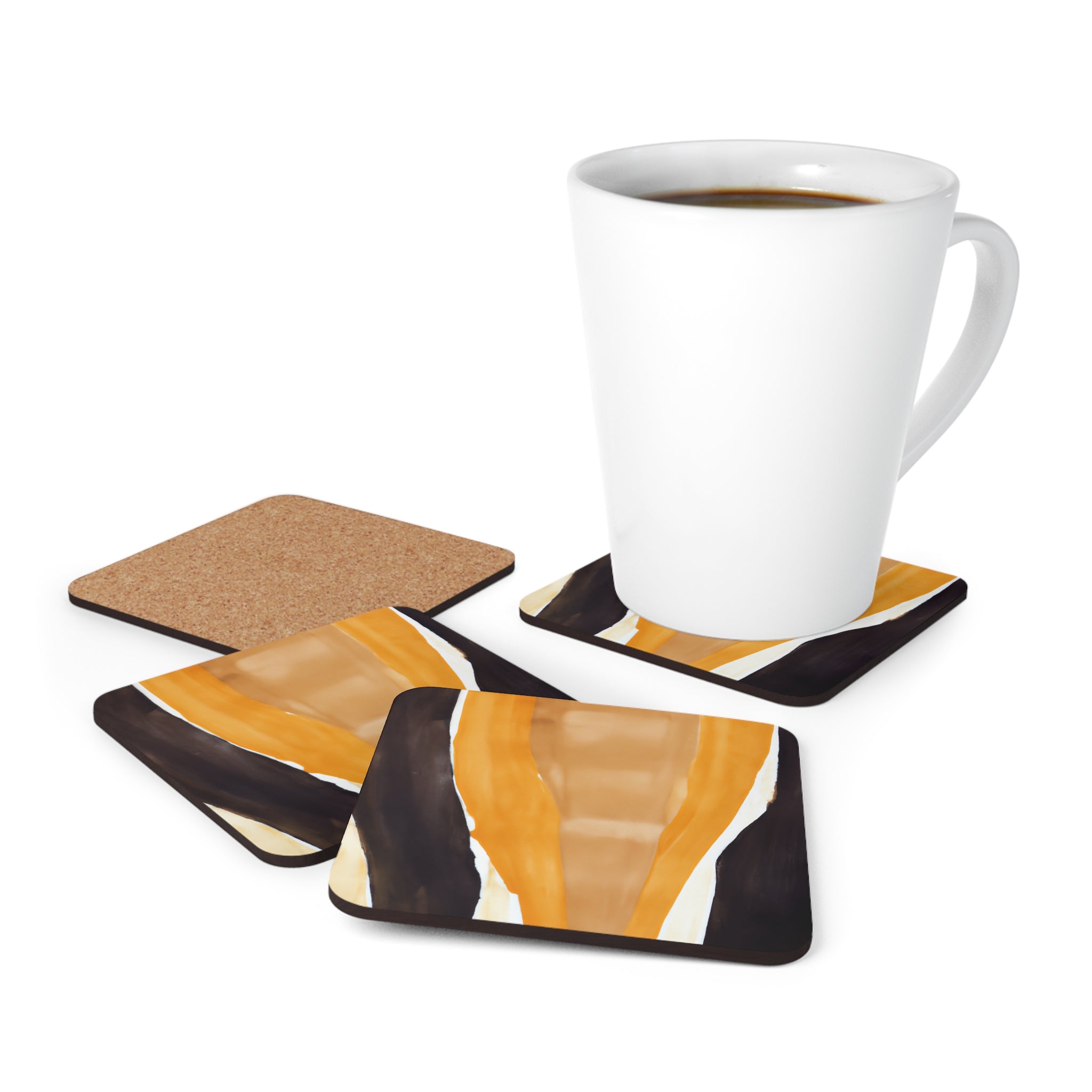 A set of 4 square coasters featuring a yellow and brown abstract pattern, designed for drinks with a cork backing and neoprene material.