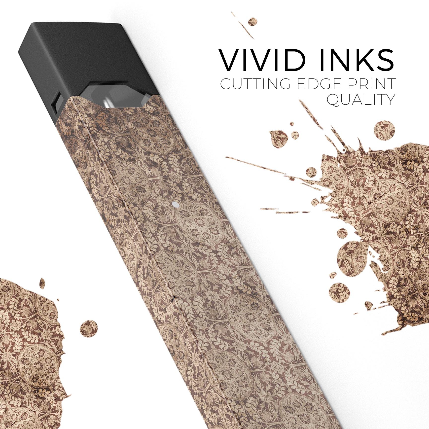 Cocoa Vintage White Feathers skin-wrap for JUUL device, showcasing its elegant design and precise cut.