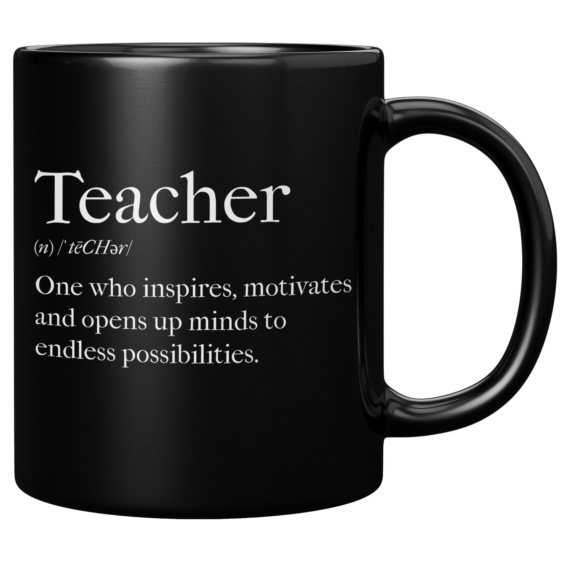 A glossy black ceramic mug with the phrase 'Teachers Inspire' printed on it, showcasing its elegant design and vibrant color.