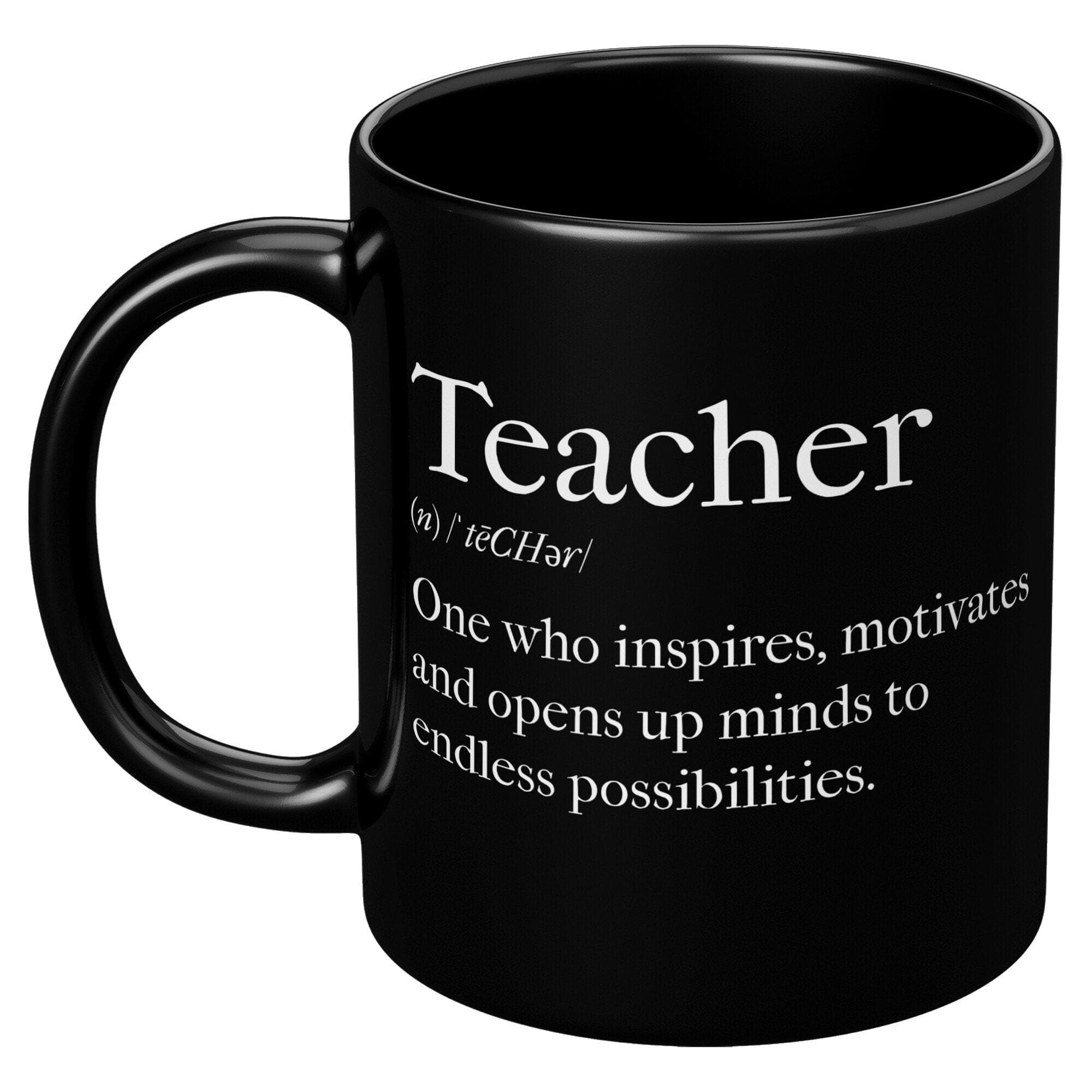 A glossy black ceramic mug with the phrase 'Teachers Inspire' printed on it, showcasing its elegant design and vibrant color.