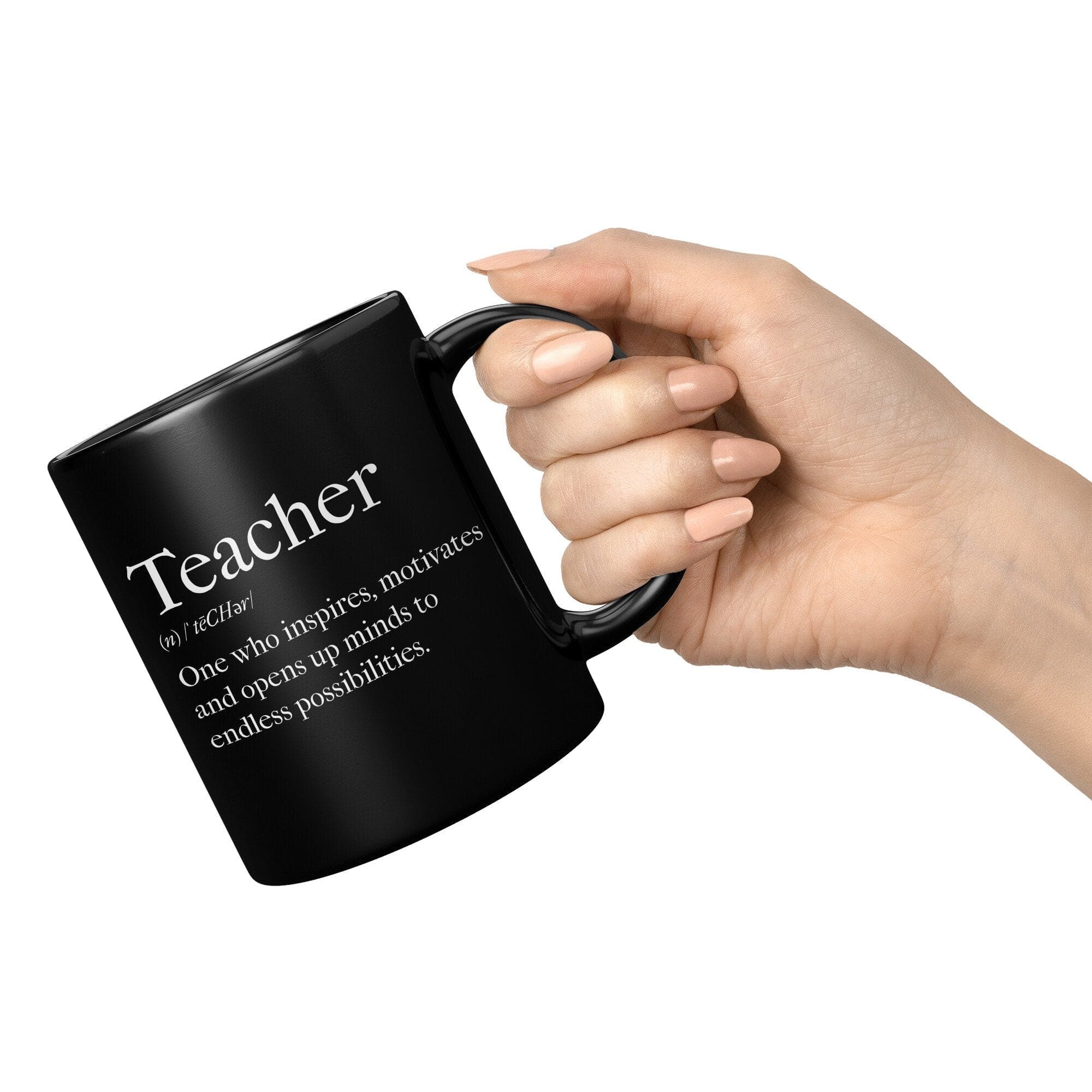 A glossy black ceramic mug with the phrase 'Teachers Inspire' printed on it, showcasing its elegant design and vibrant color.