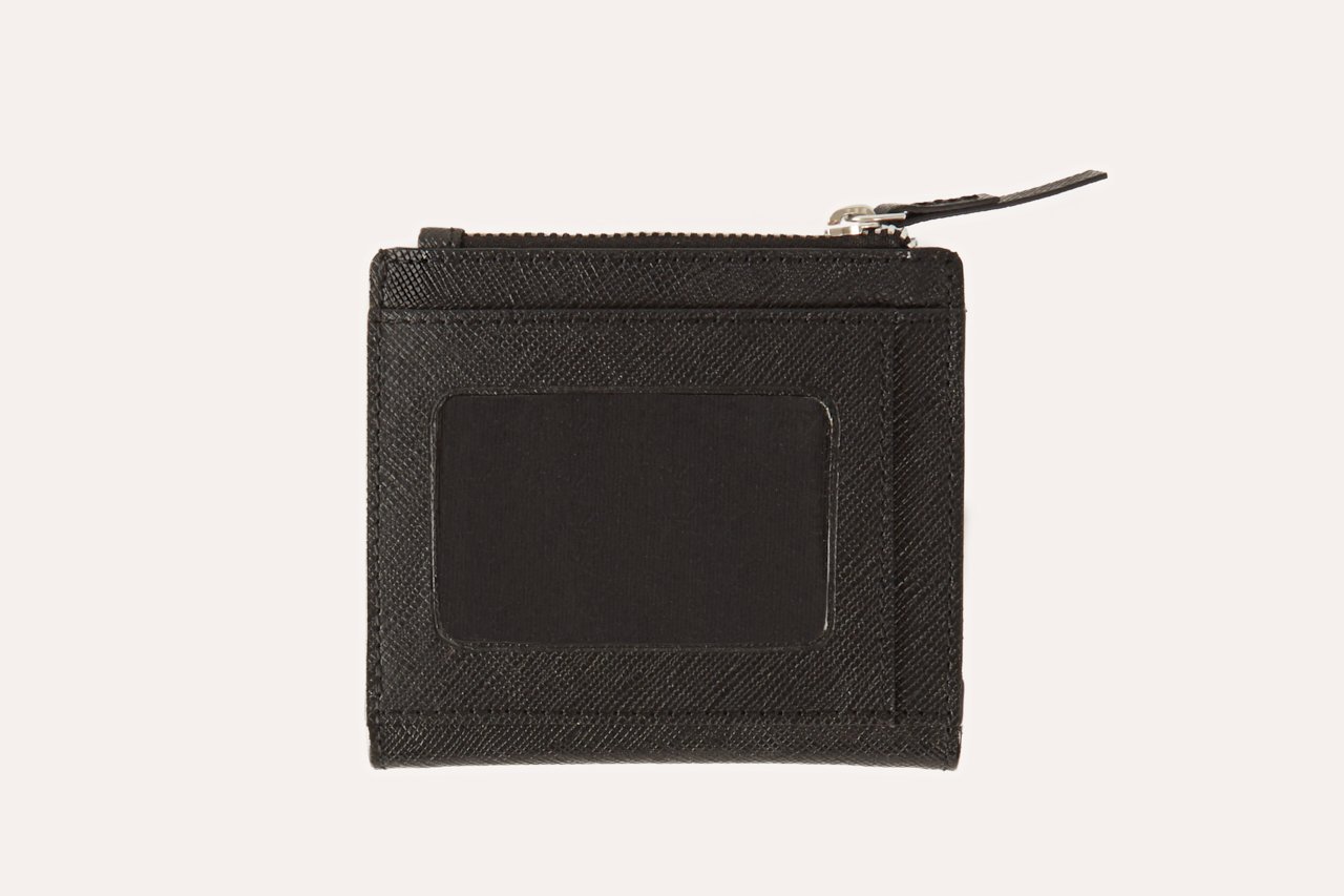 A stylish Coin Purse Wallet made from genuine Saffiano leather, featuring an ID window, zipper coin slot, and multiple card slots.