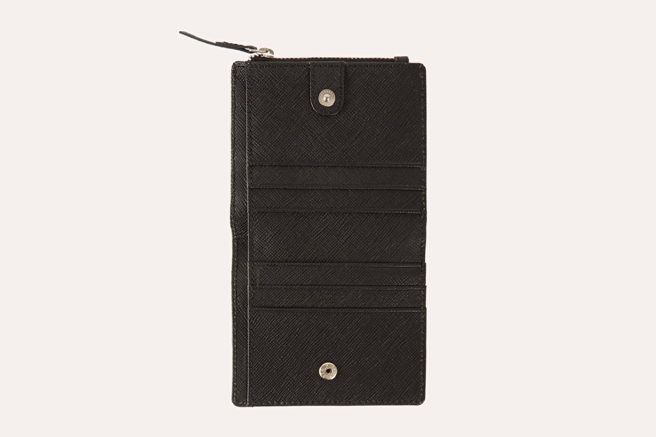 A stylish Coin Purse Wallet made from genuine Saffiano leather, featuring an ID window, zipper coin slot, and multiple card slots.